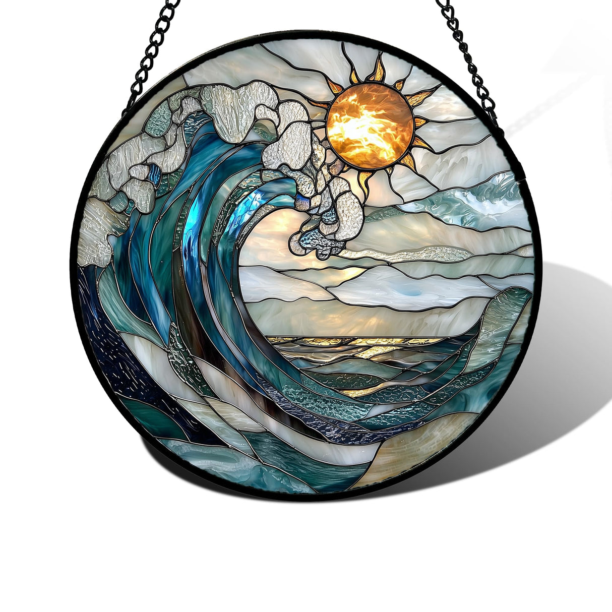 DASTOLL Stained Glass Window Hanging, Blue and White Waves Suncatcher Diamond Glass Panel Landscape Sun Catchers Decor for Birthday for Women, Men, Wife, Aunt, and Mom 7.8 in