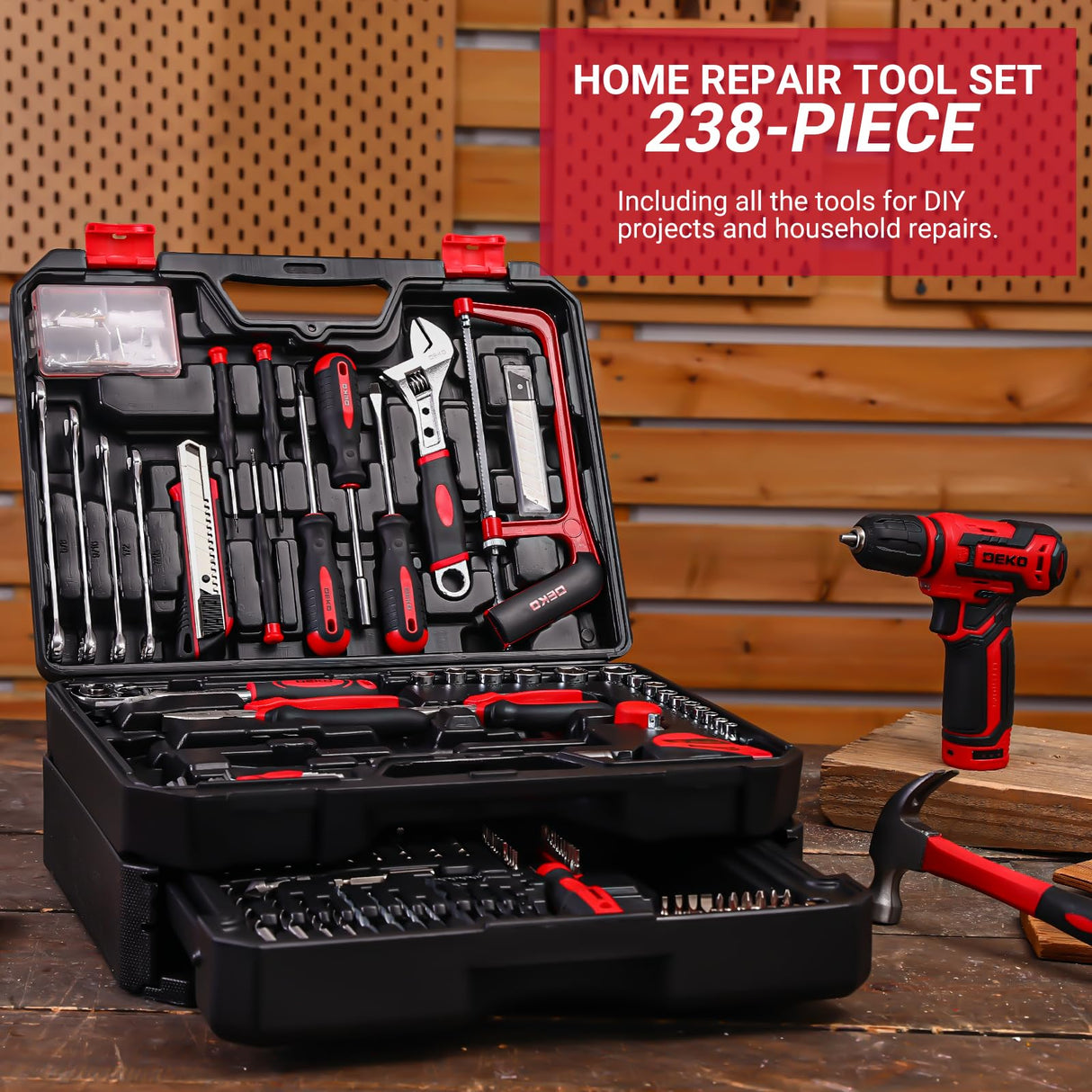 Drill Tool Set:Tool Kit with 12V Power Cordless Drill Hand Repair Tools Box with Drill, Home Tool Kits for Men & Women, Hand Drill Set Perfect for Homeowner, Diyer, Handyman - Red
