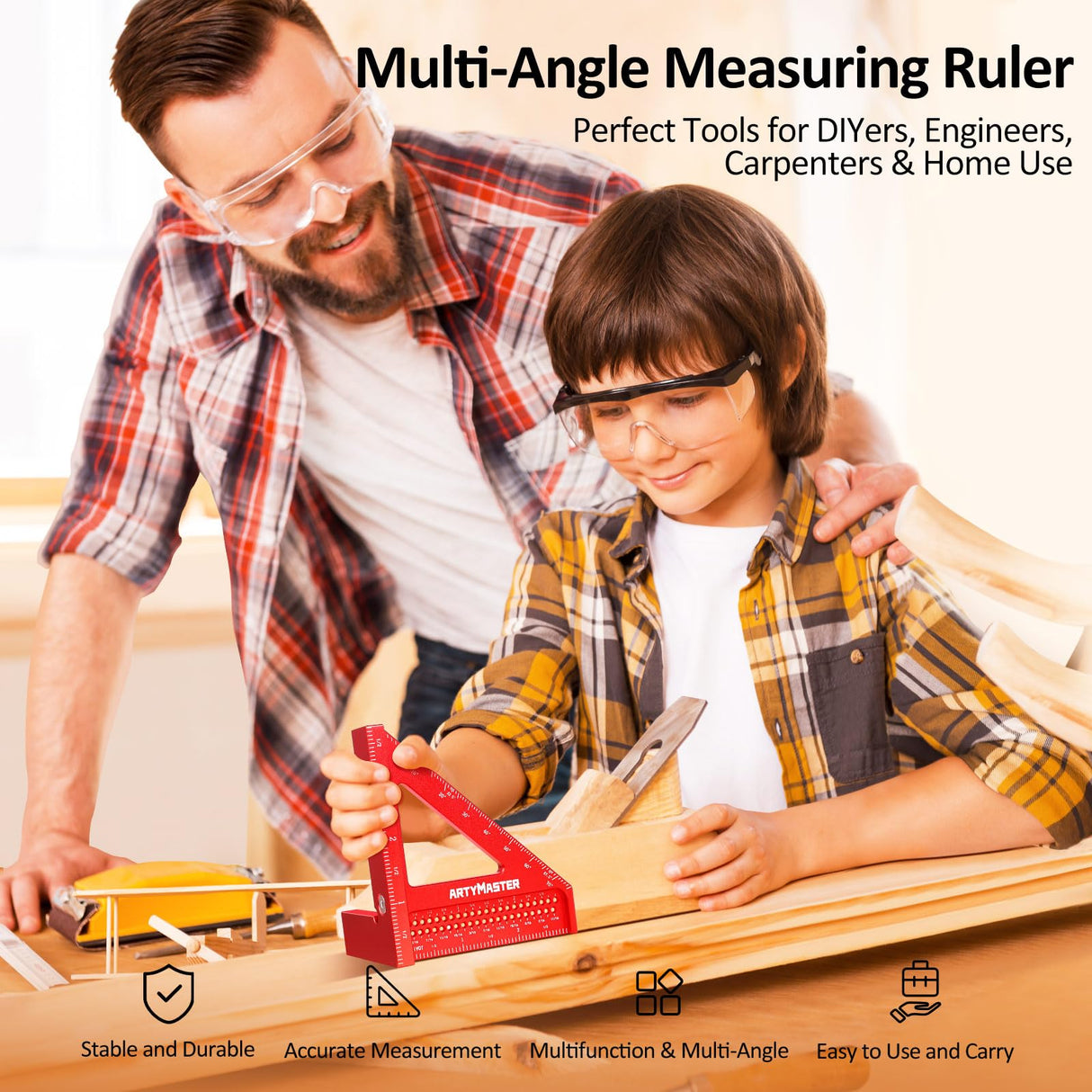 3.8"Mini 3D Multi-Angle Measuring Square Ruler, WT102A High Precision Hole Scribing Woodworking Tools, 0-90° Aluminum Alloy Carpenter Square Wood Working Tools, Carpenter Pencils 6 Refills.