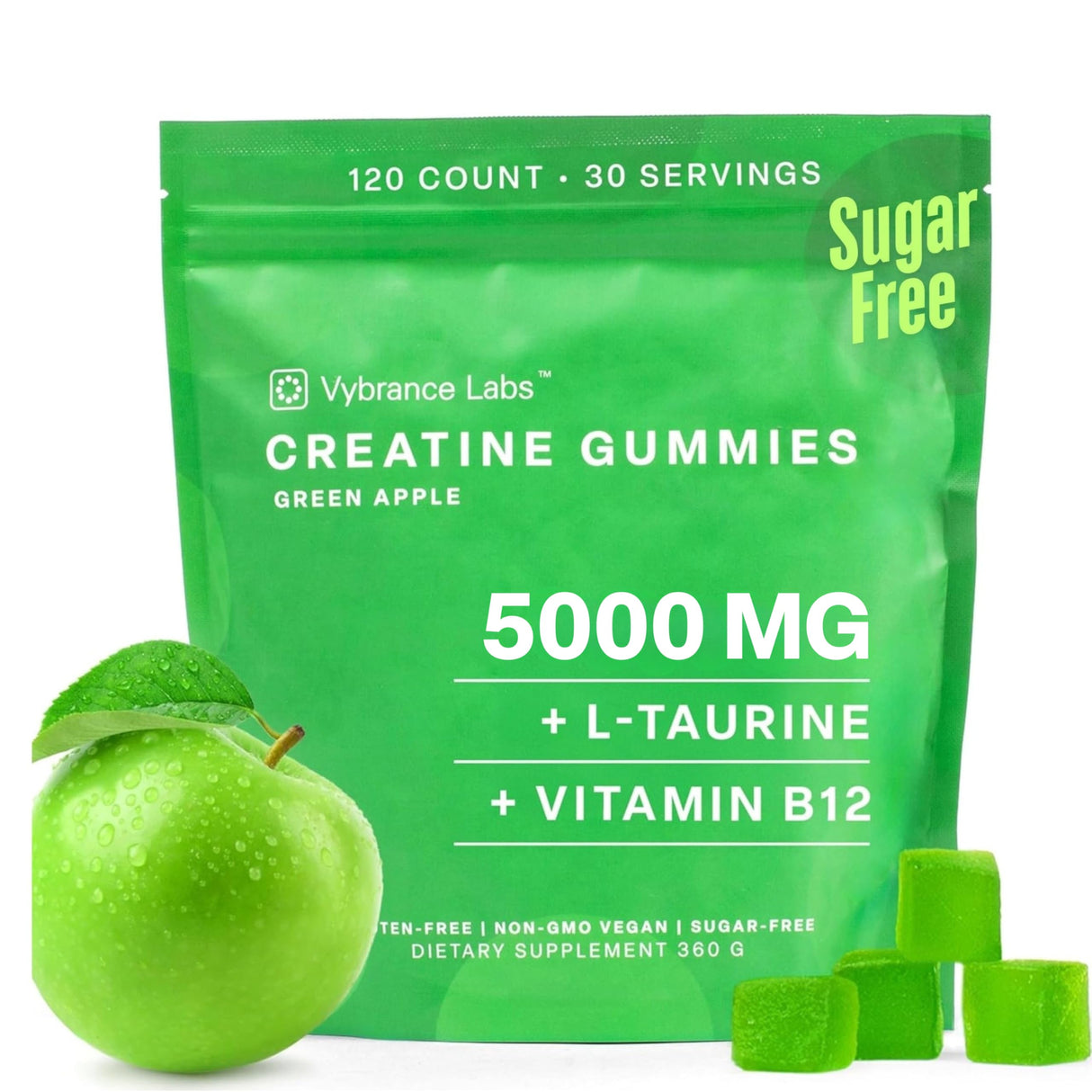 VYBRANCE LABS Creatine Monohydrate Gummies for Women & Men - 5g Creatine with Taurine & B12 for Energy, Muscle & Focus | Vegan, Sugar Free, Gluten-Free | Creatine Monohydrate | 120 ct Green Apple