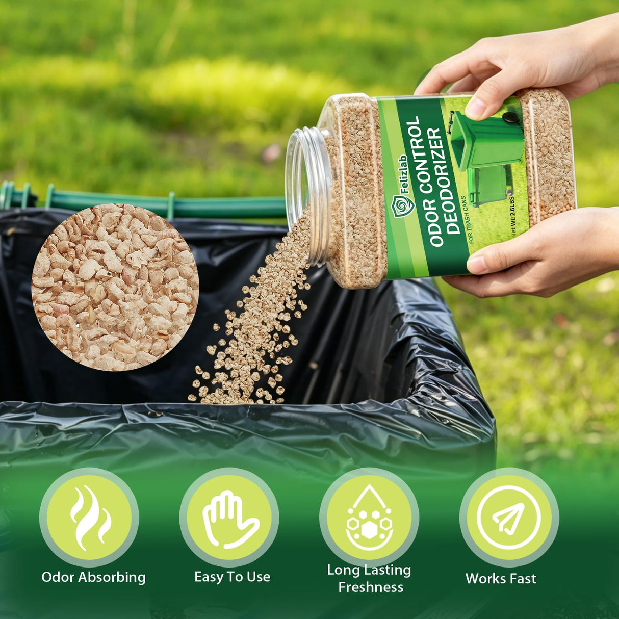 Outdoor Trash Can Deodorizer 2.6 lbs, Industrial Strength Garbage Odor Eliminator & Moisture Absorber for Trash Cans, Outdoor Waste Bins & Recycling Containers, Heavy Duty Long Lasting Odor Control