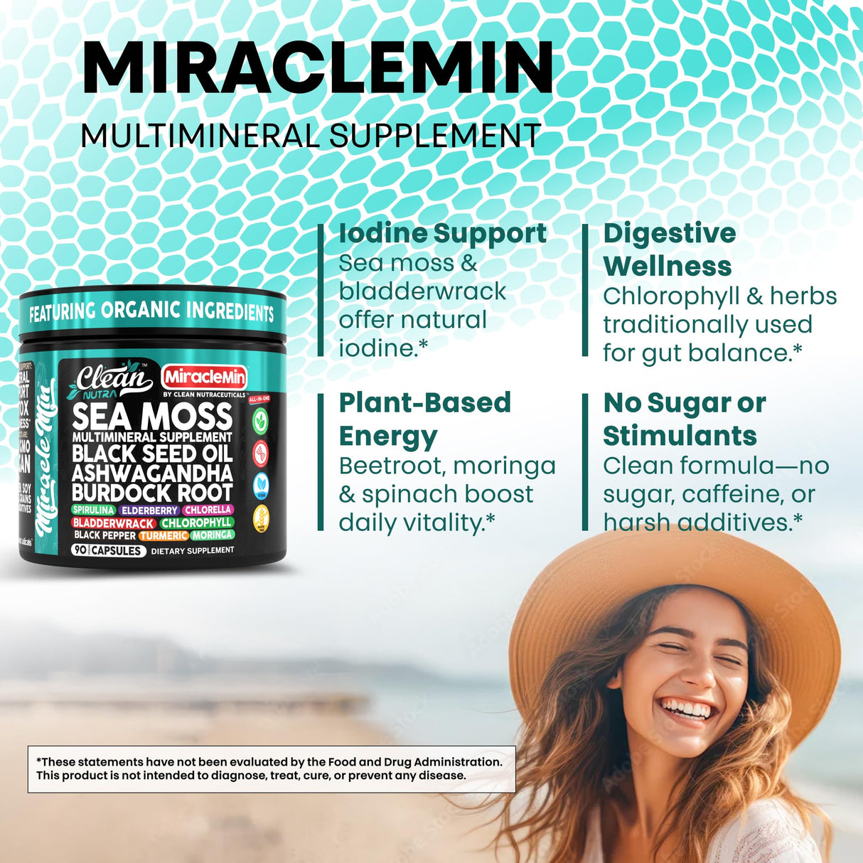 Clean Nutra Sea Moss Capsules with Ashwagandha, Black Seed Oil, Burdock Root, Bladderwrack, Moringa, Chlorella, Spirulina, Turmeric, Elderberry, Amla – 90 Vegan Capsules – MiracleMin