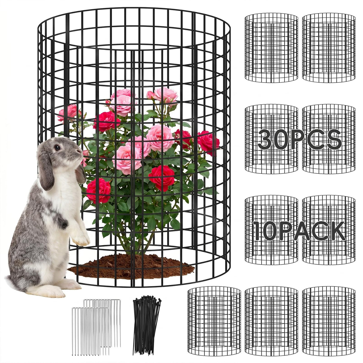 10 Packs Plant Protectors from Animals, 30Pcs 12"x 16" Large Metal Wire Mesh Garden Plant Cages for Outdoor Gardening, Chicken Wire Cloche Plant Cages for Rabbits with Zip Ties & Stakes(Black)