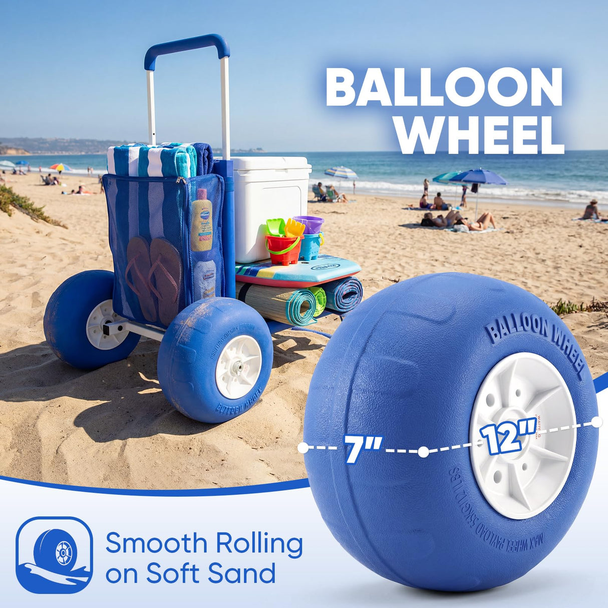 Sekey Beach Wagon with 12" Big Wheels for Sand, Heavy Duty Collapsible Beach Cart with Balloon Tires, Foldable Utility Sand Wagon for Outdoor Camping, Fishing & Groceries. Blue