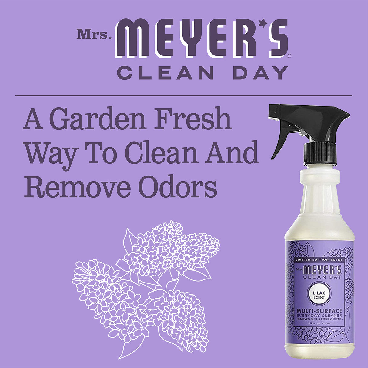 MRS. MEYER'S CLEAN DAY Multi-Surface Everyday Cleaner, Limited Edition Lilac Scent, Removes Dirt & Freshens Surfaces, 16 FL OZ Spray Bottle (Pack of 6)