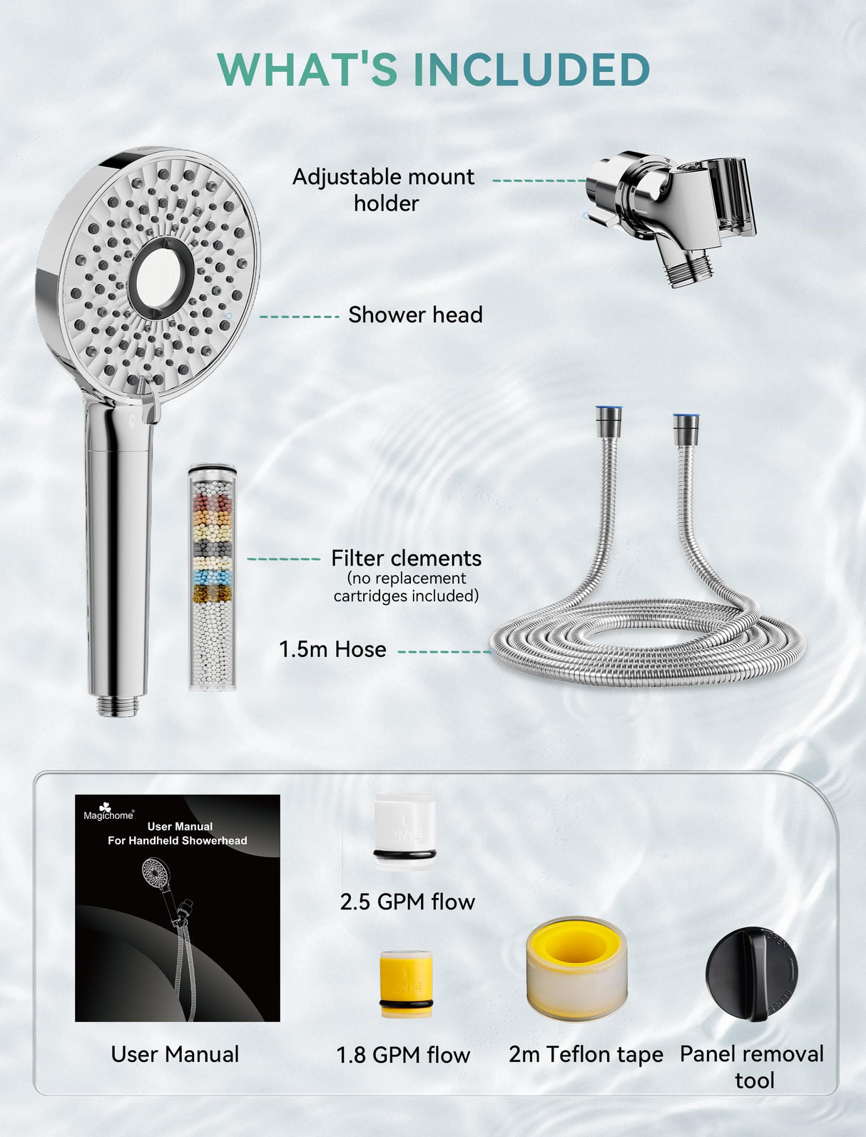 Magichome Filtered Shower Head with Handheld, High Pressure 10-Spd Detachable Chrome Showerhead with Stainless Hose, Water Softener Filter Beads for Hard Water - Remove Chlorine, Reduce Dry Itchy Skin