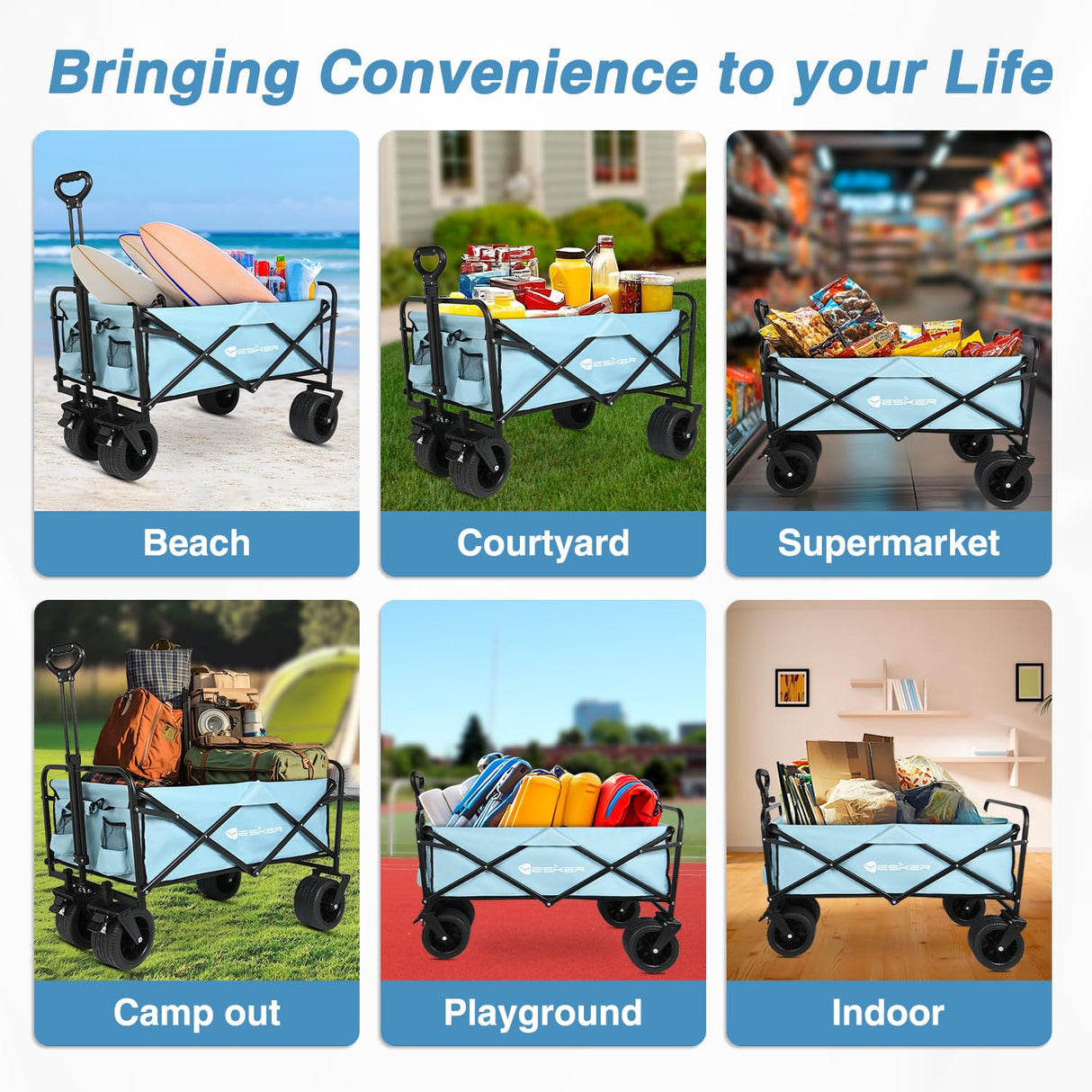 Yesker Foldable Wagon - 300lbs Collapsible Garden Carts with All Terrain Wheels for Outdoor Camping Sports Shopping Gardening - Heavy Duty Portable Utility Trolley (Blue)