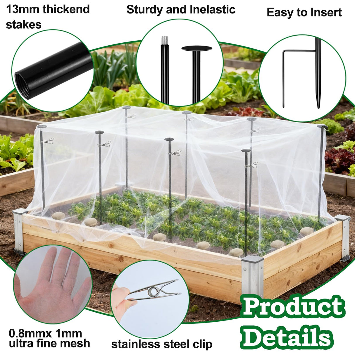 Metal Garden Netting Kit, 8 Pack 2.6ft Raised Garden Bed Net Support Stakes with 13×10ft Fine Mesh Insect Netting 16pcs Clips Bird Barrier Screen Cover for Protect Plant Vegetable Row from Animals Bug