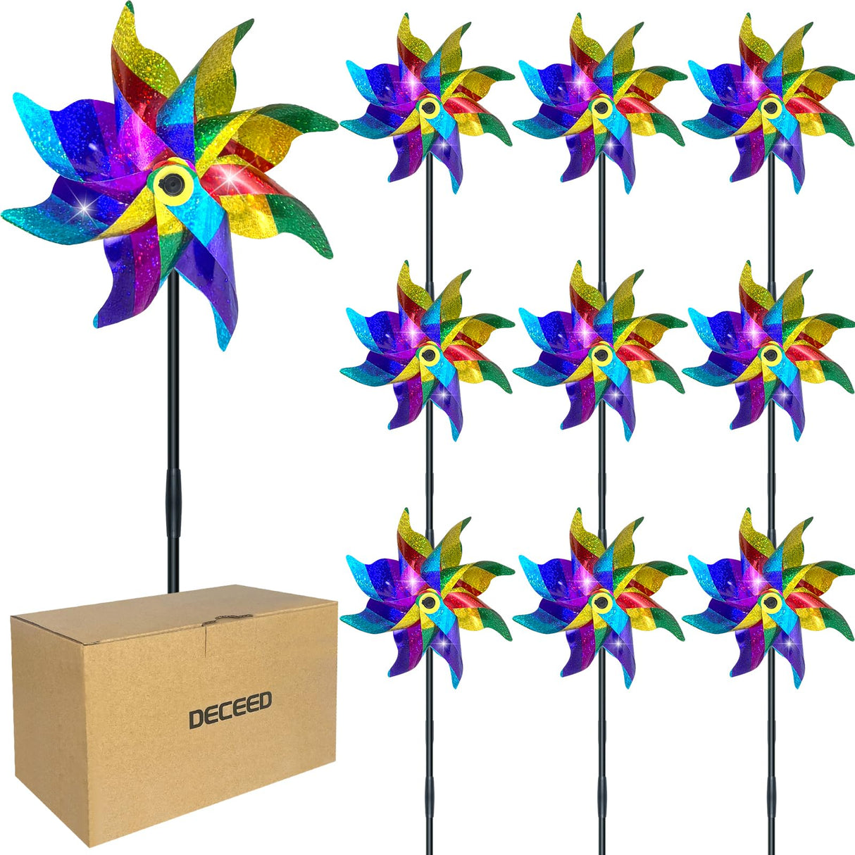 DECEED 10 PCS Reflective Pinwheels for Yard and Garden Bird Devices Pre-Installed Sparkly Wind Spinner Deterrent to Scare Birds Away from Yard Patio Farm (Multicolor-1)
