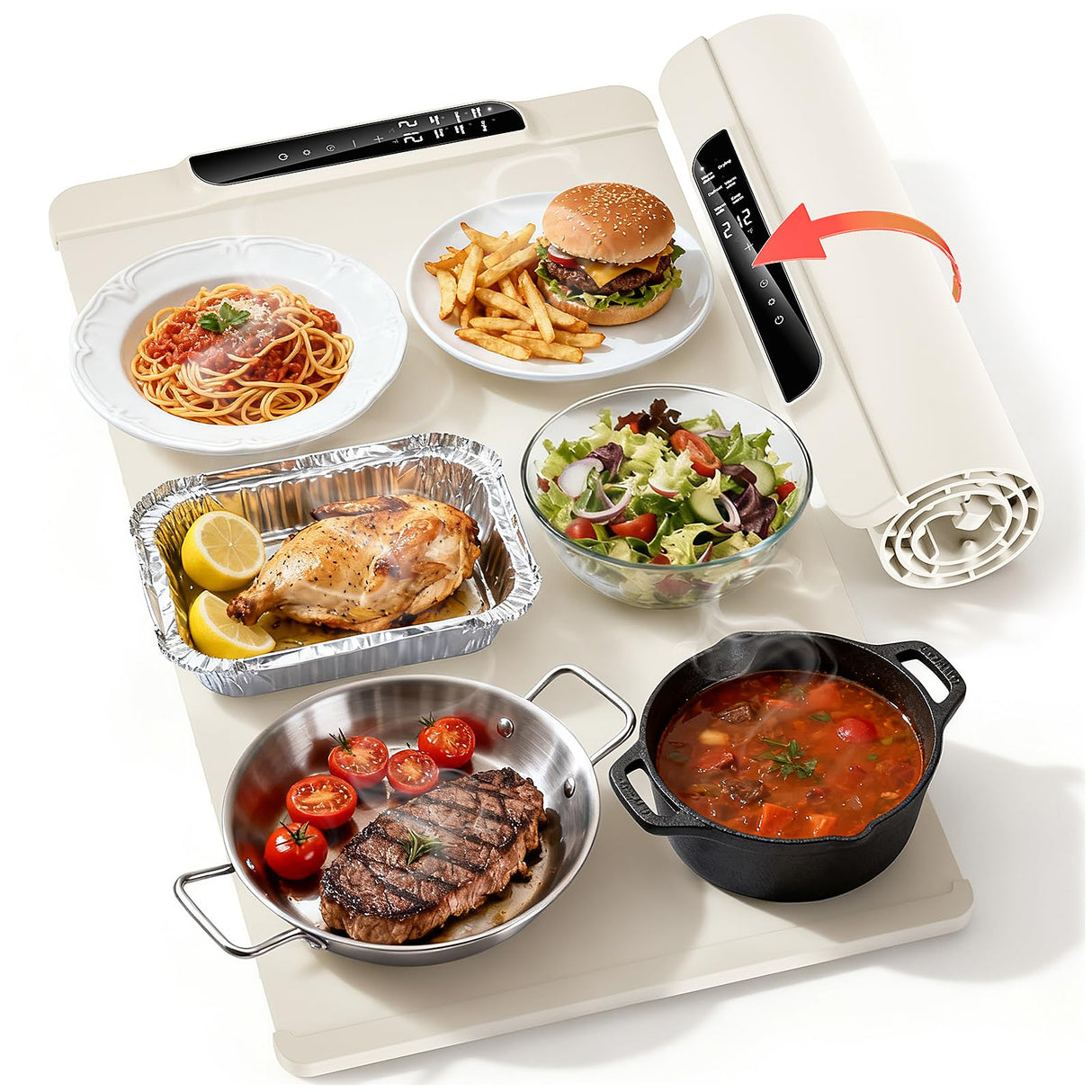 Food Warming Mat, 10s Fast Heating with 5 Modes & 10 Temp Settings, 0.5-10H Timer, Foldable & Easy-Clean Food Grade Silicone Mat for Desk, Table, Home Kitchen (White, 26 * 15 inch)