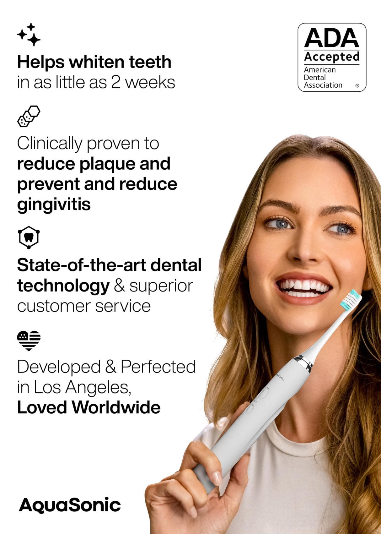Aquasonic Vibe Series Ultra-Whitening Toothbrush – ADA Accepted Electric Toothbrush - 8 Brush Heads & Travel Case – 40,000 VPM Motor & Wireless Charging - 4 Modes w Smart Timer – Optic White