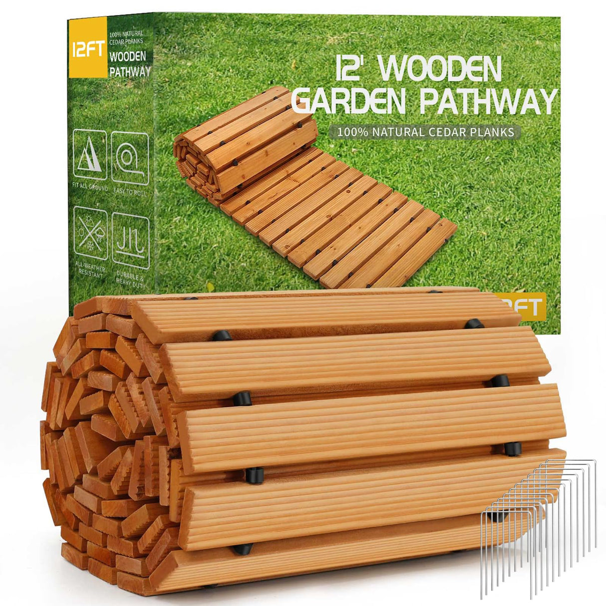 RELIANCER 12' Wooden Garden Pathway,Outdoor Roll Out Cedar Straight Walkway,Patio Path Decorative Garden Boardwalk Walkways,Weather-Resistant Roll Up Beach Wood Road Floor,Wedding Party Pathways