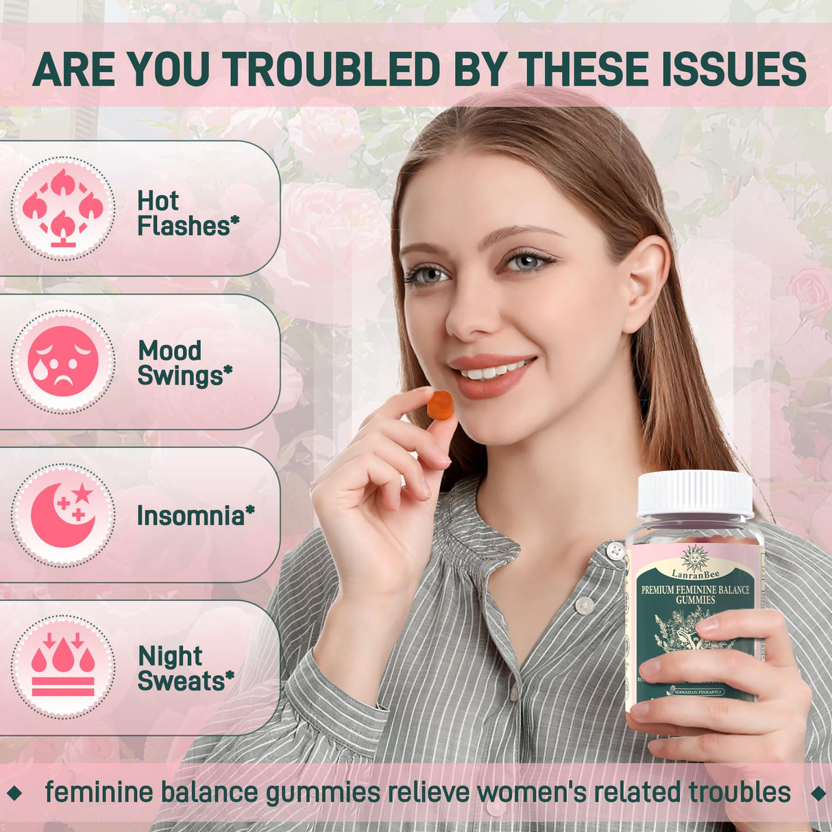 LanranBee Premium Feminine Balance Gummies - for Women’s Health & Wellness - Immune Support - Vegan, Gluten-Free & Halal - Hawaiian Pineapple - 60 Gummies - 30 Servings (1)