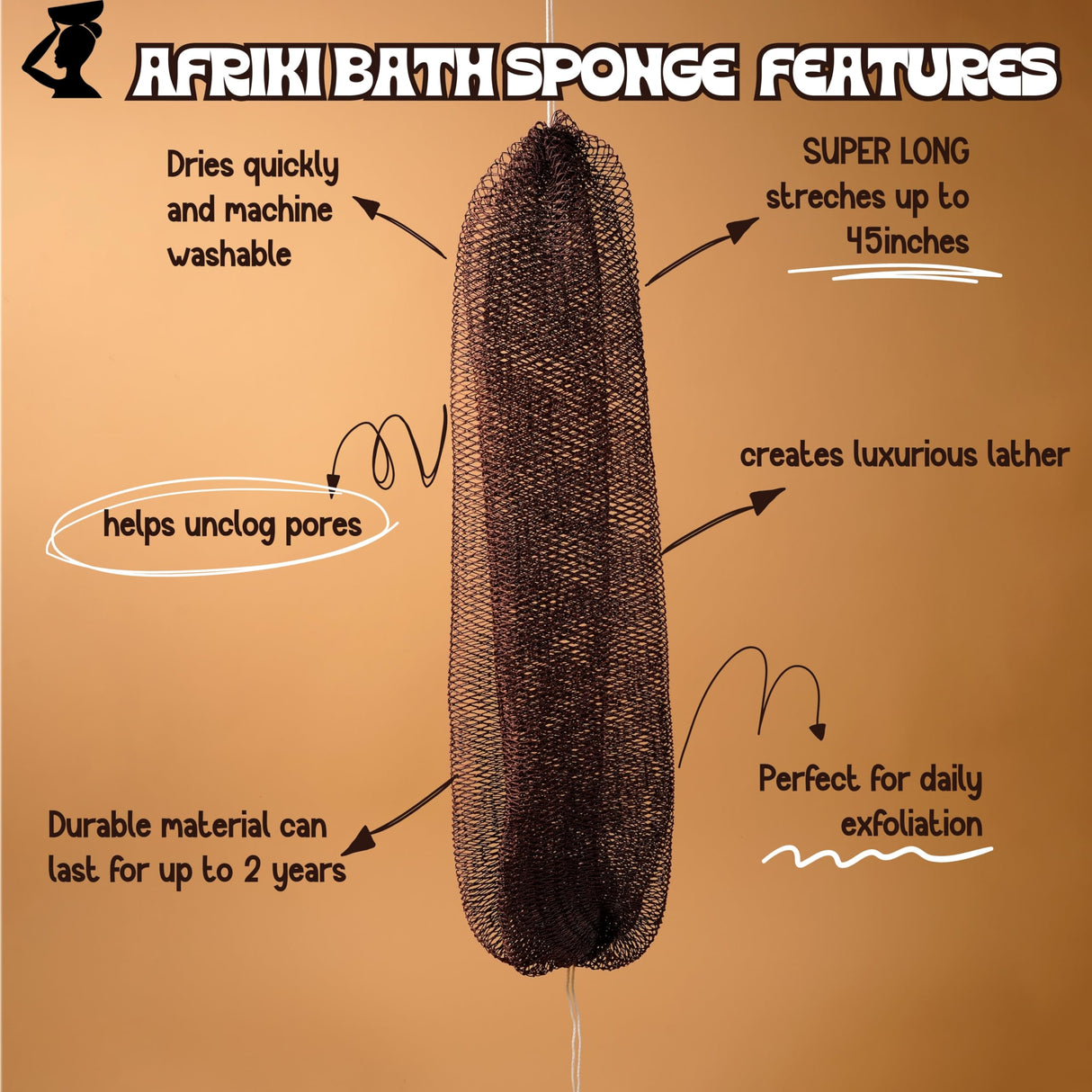 AFRIKI African Net Sponge, Authentic African Exfoliating Sponge, Black Owned, Back Scrubber, 45 inch Long, for Normal to Sensitive Skin, for Daily use, Earth Collection