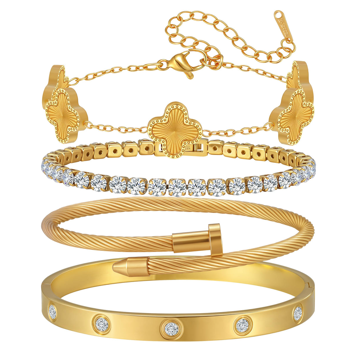 Jzrow 18K Gold Plated Bangle Bracelets Stack for Women,Four Leaf Clover Stackable Bracelets Non Tarnish,4 Pcs Jewelry sets Gifts (Gold)