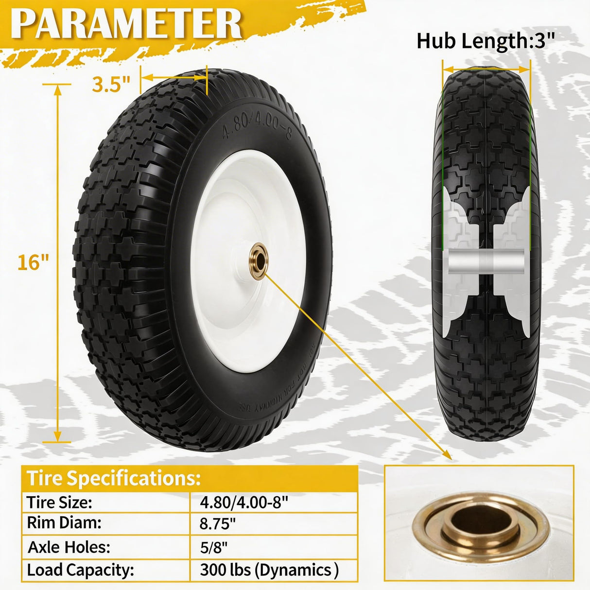 4.80/4.00-8 Wheelbarrow Tire Flat Free, 16'' Tire and Wheel 330LB Load Capacity, with 5/8" & 3/4" Bearings, 3''-4''-6''-7'' Adjustable Hub for Garden Cart, Hand Truck, Trolley, Wagon, 2 Pack