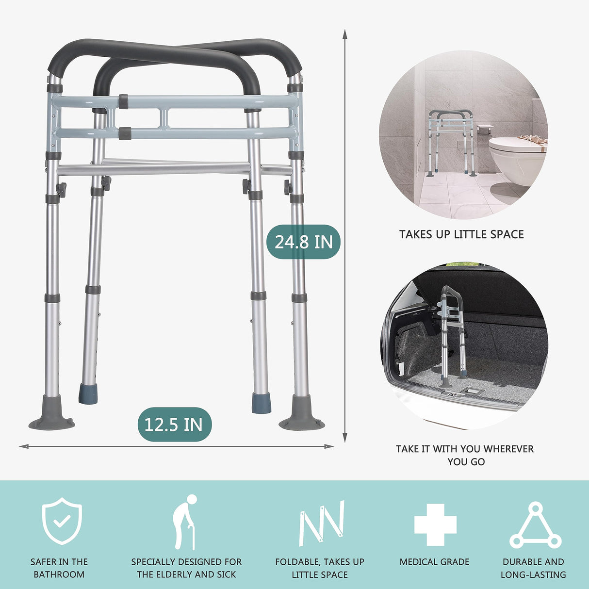 FSA/HSA Eligible Toilet Safety Rails, Adjustable Toilet Frame for Elderly, Seniors, Handicap & Disabled, Foldable Handicap Toilet Handles Fit Any Toilets (300 LB)