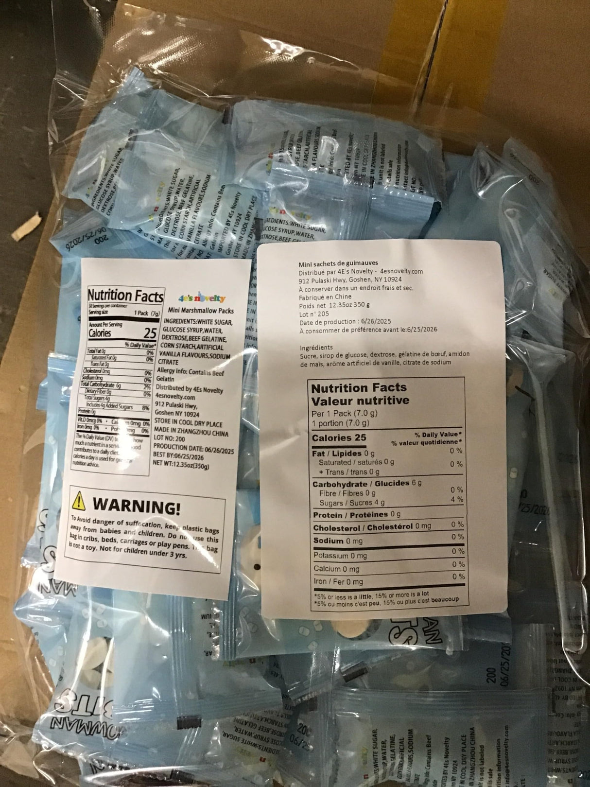 4E's Novelty 50 Packs "Snowman Bits" Mini Marshmallow Packets, Vanilla Flavored, 14 Marshmallows in Each Bag, Bulk Individually Wrapped Christmas Marshmallows For Hot Chocolate Bar Supplies Party Treats