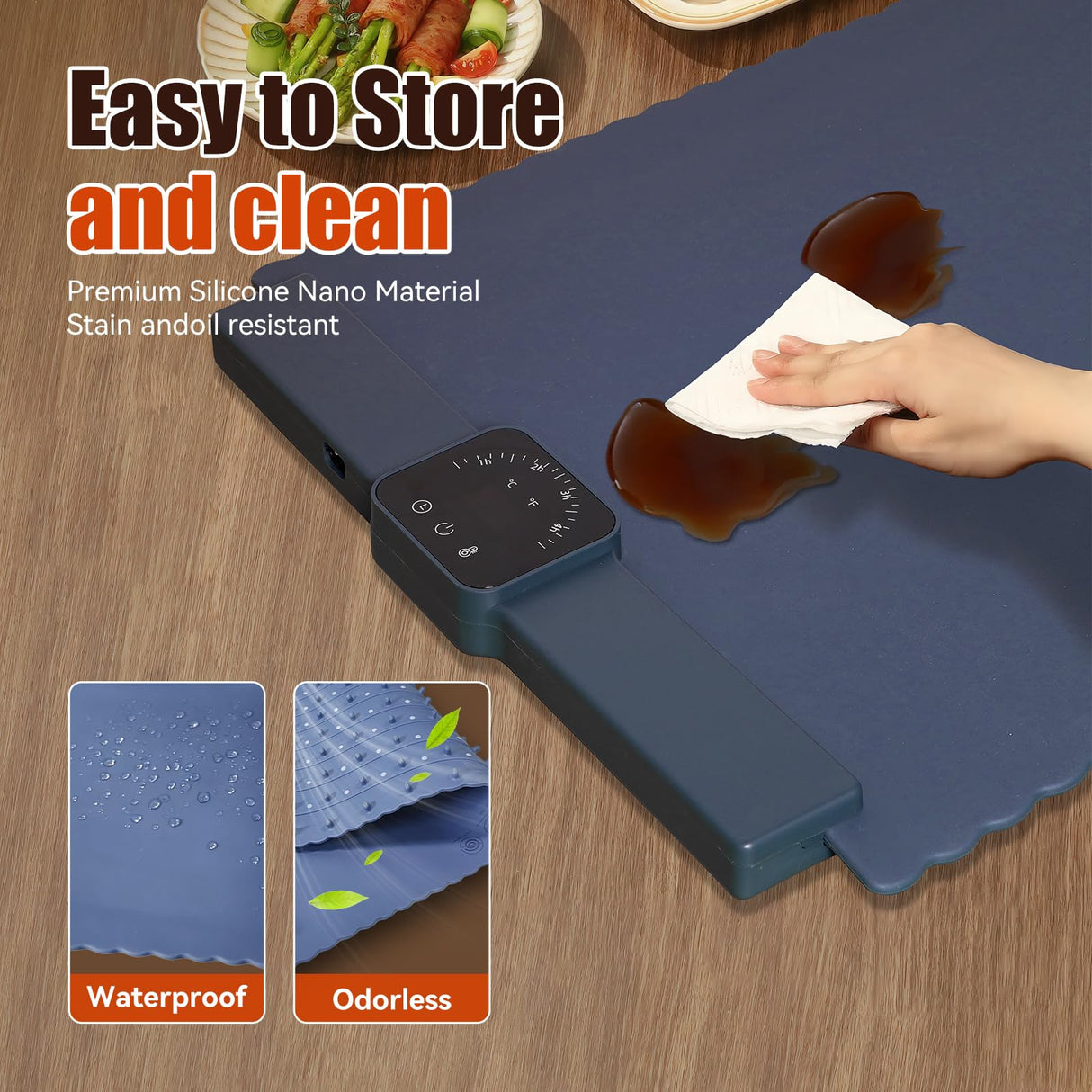 Warming Mat for Food 5 Temperature Settings Silicone Food Warming Mat Roll up Food Warmer with Full Surface Heating Warming Pad Electric Warming Tray for Buffets Party Home (Blue)