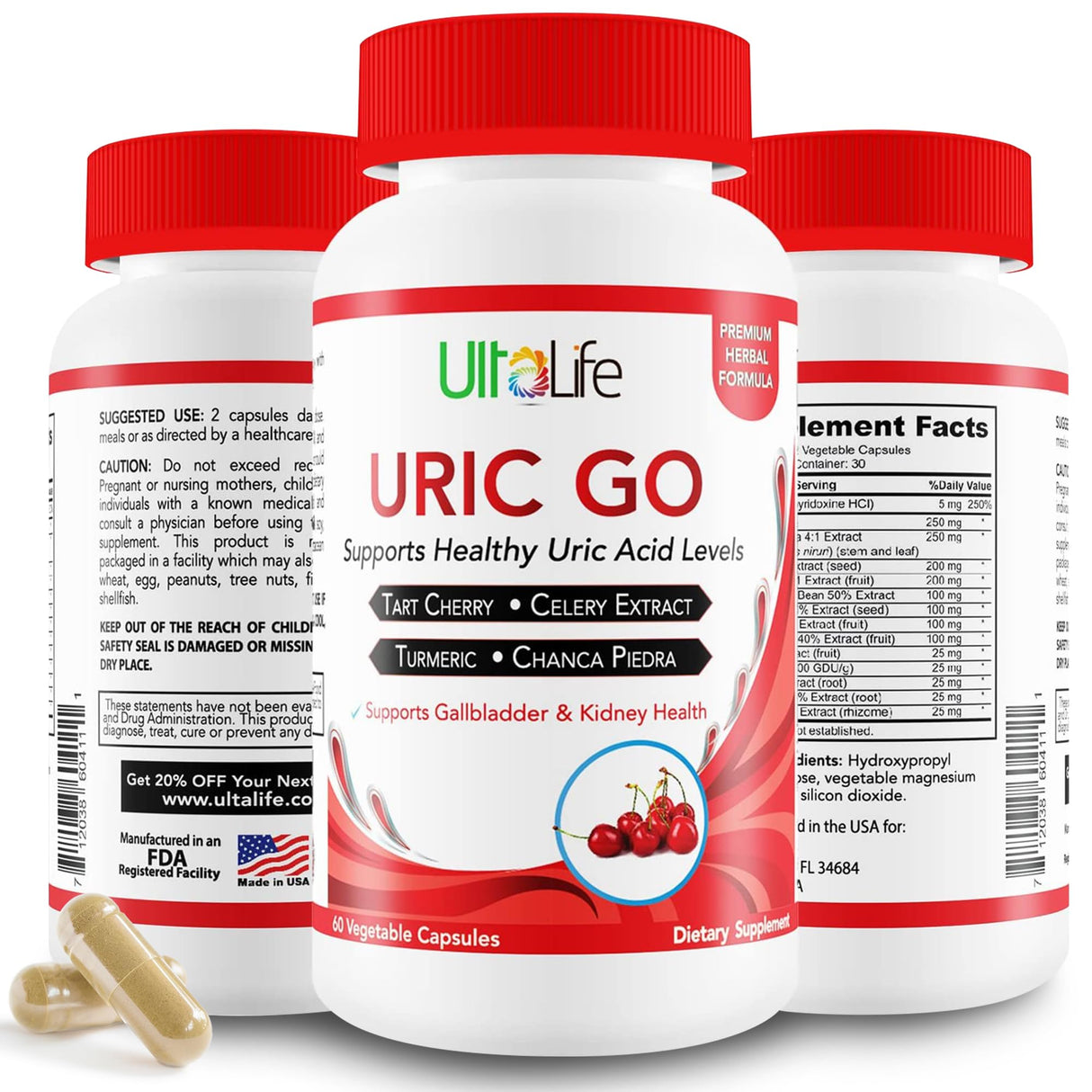 #1 URIC GO Uric Acid Cleanse Support Supplement for G.O.U.T - Natural Kidney Cleanse Detox Formula Chanca Piedra, Celery Seed, Tart Cherry, Cranberry, Pomegranate, Turmeric, Vegan Non-GMO 60 Capsules