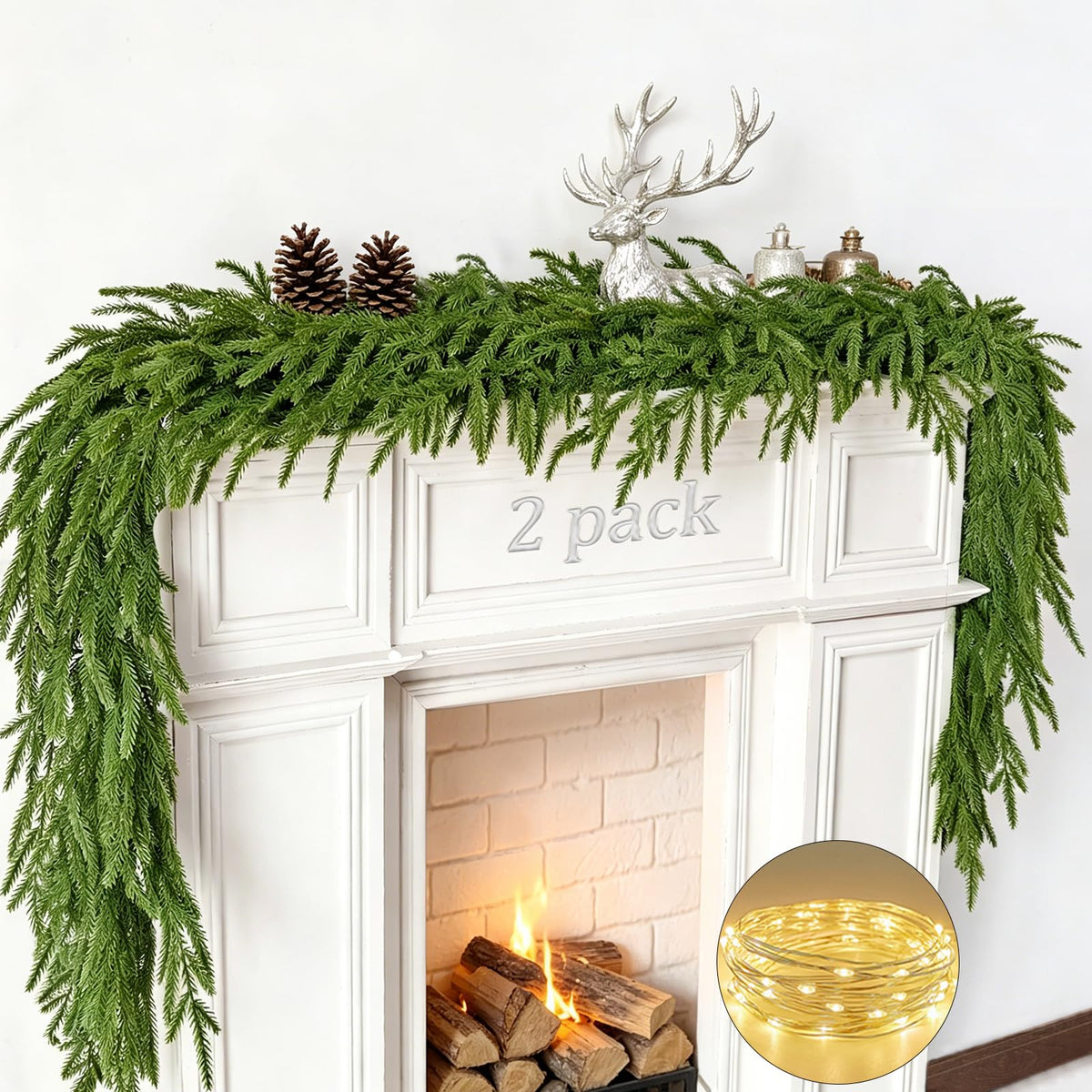 Cherica 2 Pcs 6 Ft Christmas Norfolk Pine Garland with Lights for Mantle