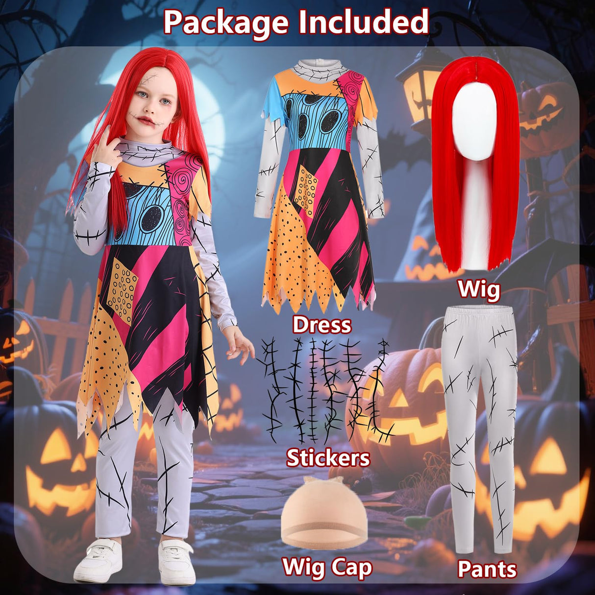Kids Christmas Nightmare Costume Girls Halloween Costumes Long Sleeve Dress with Patch Pattern Movie Character Cosplay Outfit with Accessories Red Wig Stickers DY003M