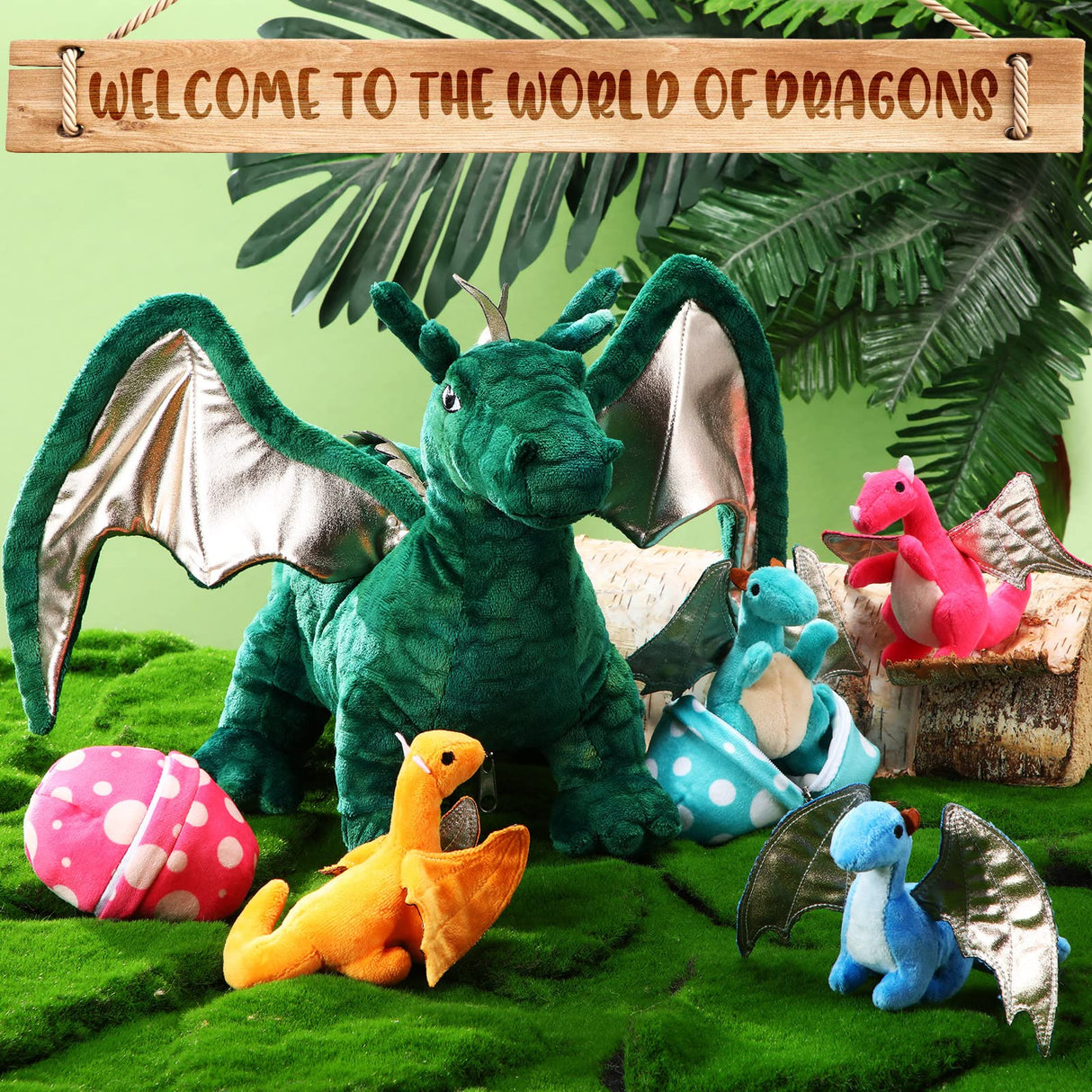 Deekin 7 Pcs Dragon Toy Set 16 Inch Large Dragon Stuffed Animal with 4 Baby Plush and 2 Eggs in Mommy's Belly Dinosaur Plushies Gifts for Boys Girls Birthday Christmas(Cute Style)
