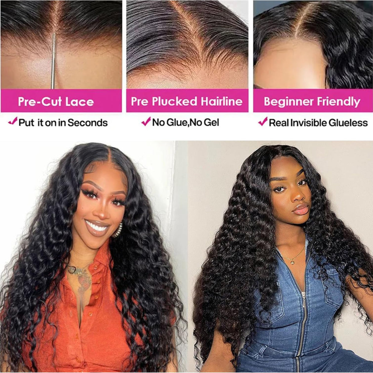 Bugtum Glueless Wigs Human Hair Pre Plucked Pre Cut 5x5 Hd Lace Closure Wear and Go Deep Wave Curly Lace Front Wigs for Black Women Wet and Wavy Natural Hairline (22 Inch)