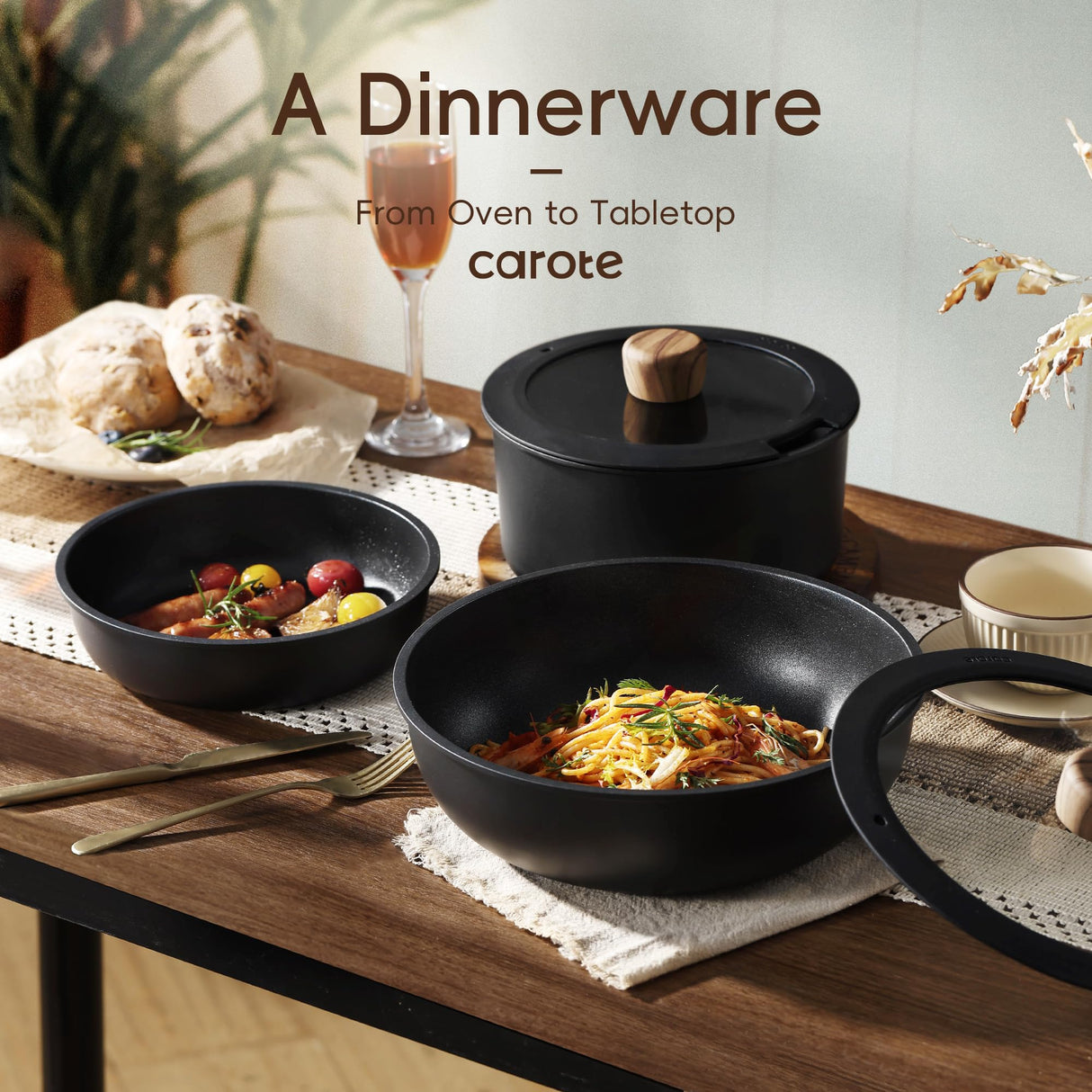 CAROTE 17pcs Pots and Pans Set, Nonstick Cookware Set Detachable Handle, Induction Kitchen Cookware Sets Non Stick with Removable Handle, RV Cookware Set, Oven Safe, Jet Black