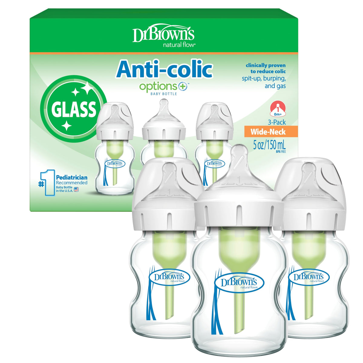 Dr. Brown's Anti-Colic Options+ Wide-Neck Glass Baby Bottle, 5 oz, 3-Pack