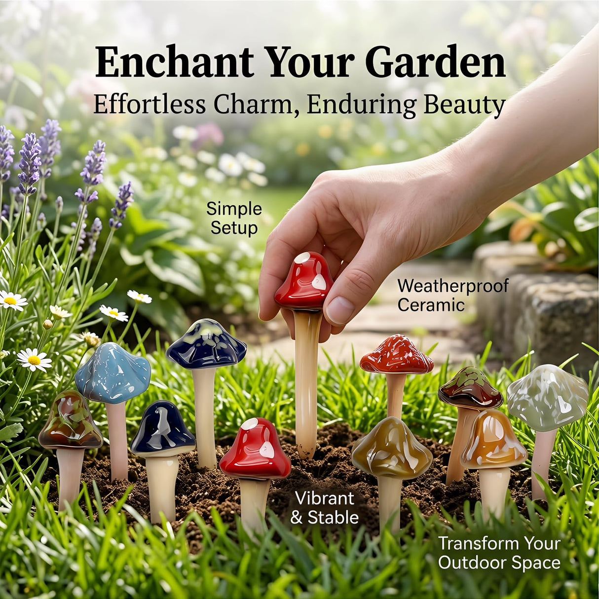 csjzzt 10 Pack Ceramic Garden Mushrooms, Garden Decor,Lawn Ornament Decor Mushrooms for Fairy Garden, Patio, Indoor Plant Pots, 4.7" Tall Pottery Mushroom Statues (10)