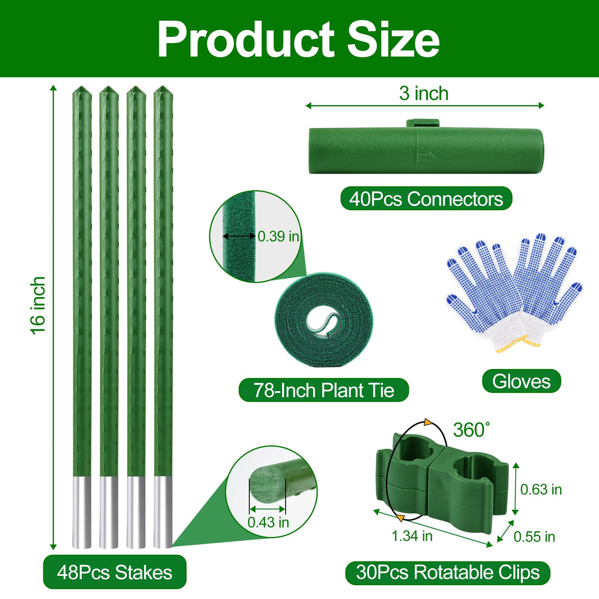 WAENLIR Garden Stakes16 Inch 48 Pack, Tomato cage DIY 4ft 5ft 6ft 7ft 8ft Plant Support Stakes with Connectors and Clips, Plastic Coated Metal Sticks for Tomato Indoor Outdoor