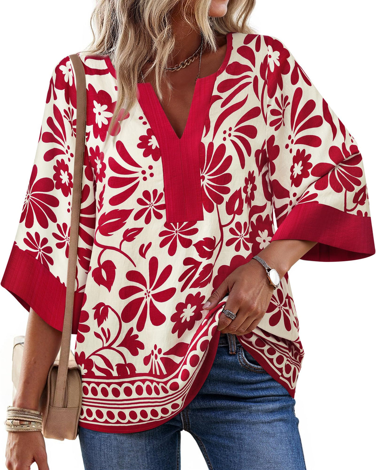 Bebonnie Office Tops for Women Work: 3/4 Sleeve V Neck Dressy Blouses for Women - Womens Blouses Dressy Casual Bell Sleeve Fall - Ladies Tunic Tops Plus Size for Holiday Christmas Multi Red XXL