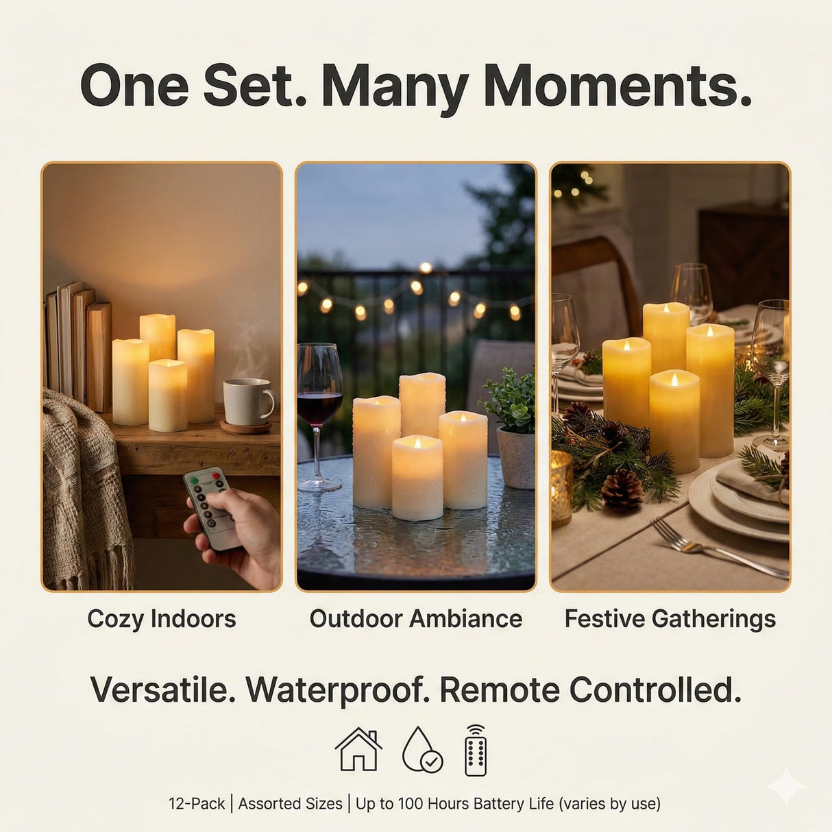Enido Flameless Candles Led Candles Pack of 12 Battery Candles (D2.15'' x H4''5''6'') Waterproof Outdoor Indoor Candles with 10-Key Remotes and Cycling 24 Hours Timer (Plastic)