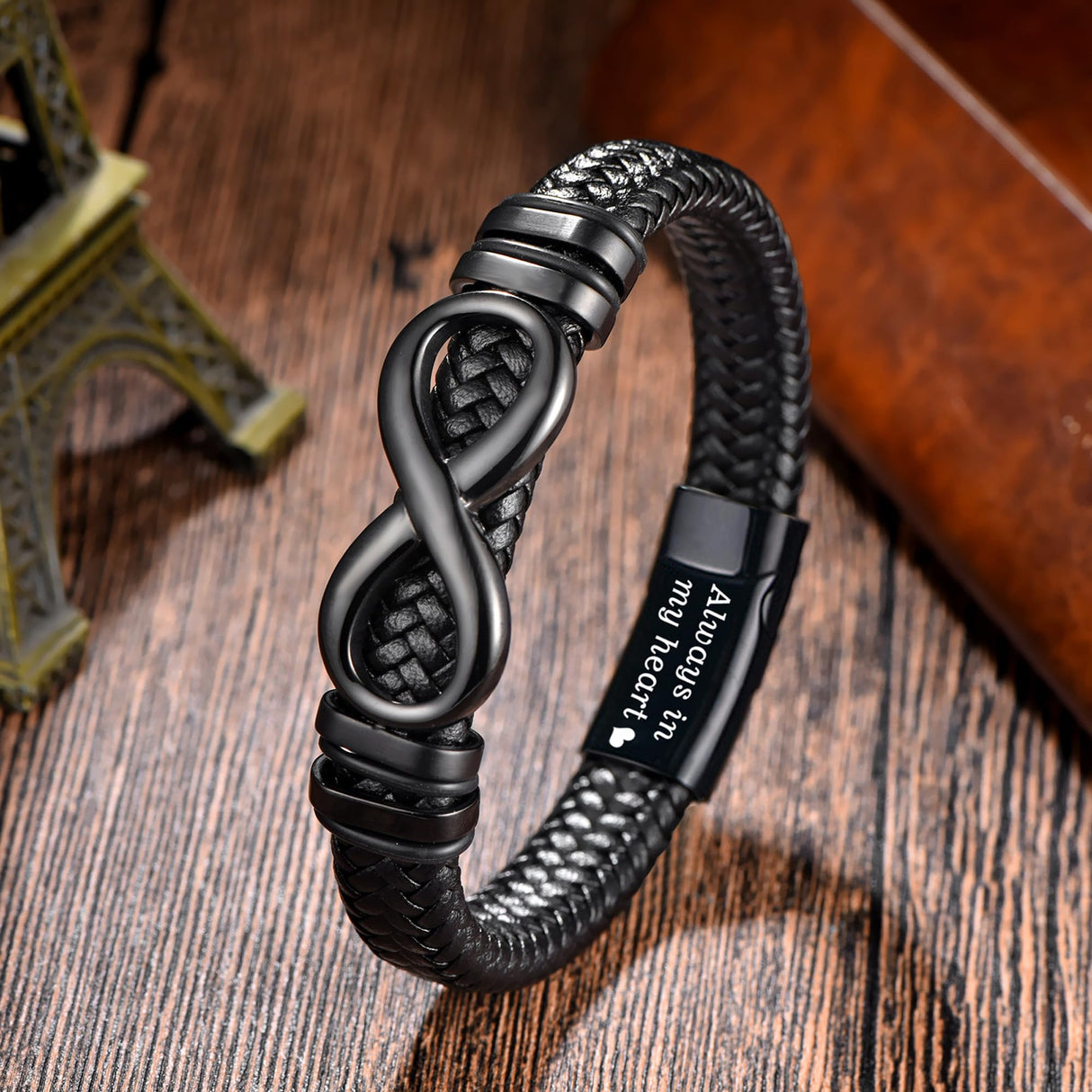 YOUFENG Urn Bracelet for Human Ashes Leather Cremation Black Infinity Bracelet Stainless Steel Keepsake Cuff Bangle Jewelry for Men