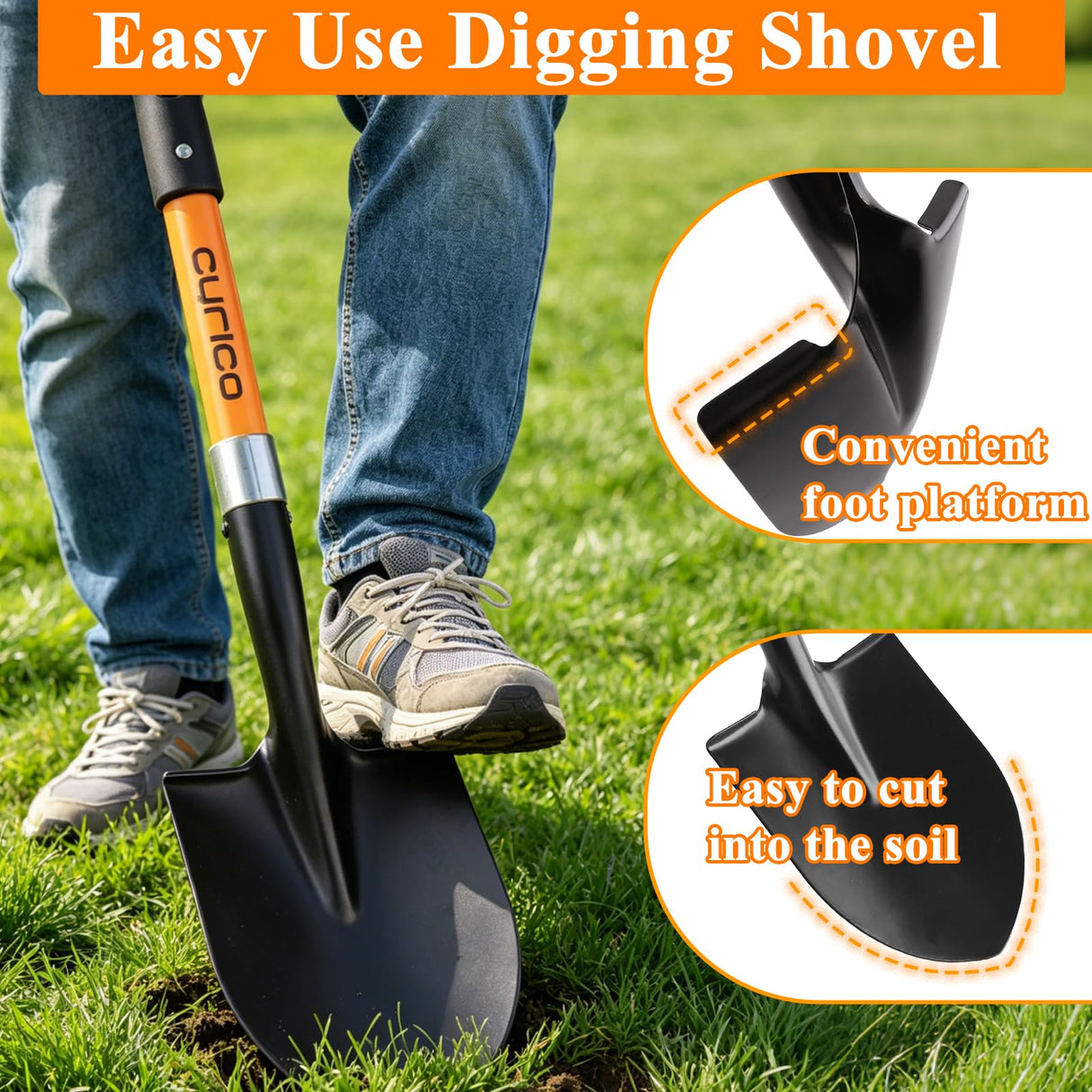 Cyrico 28 Inch Shovel for Digging, Heavy Duty Round Point Garden Shovel with D-Handle Fiberglass Handle, Portable Small Shovel for Gardening Landscaping Camping Snow Removal Beach Car Emergency Tool