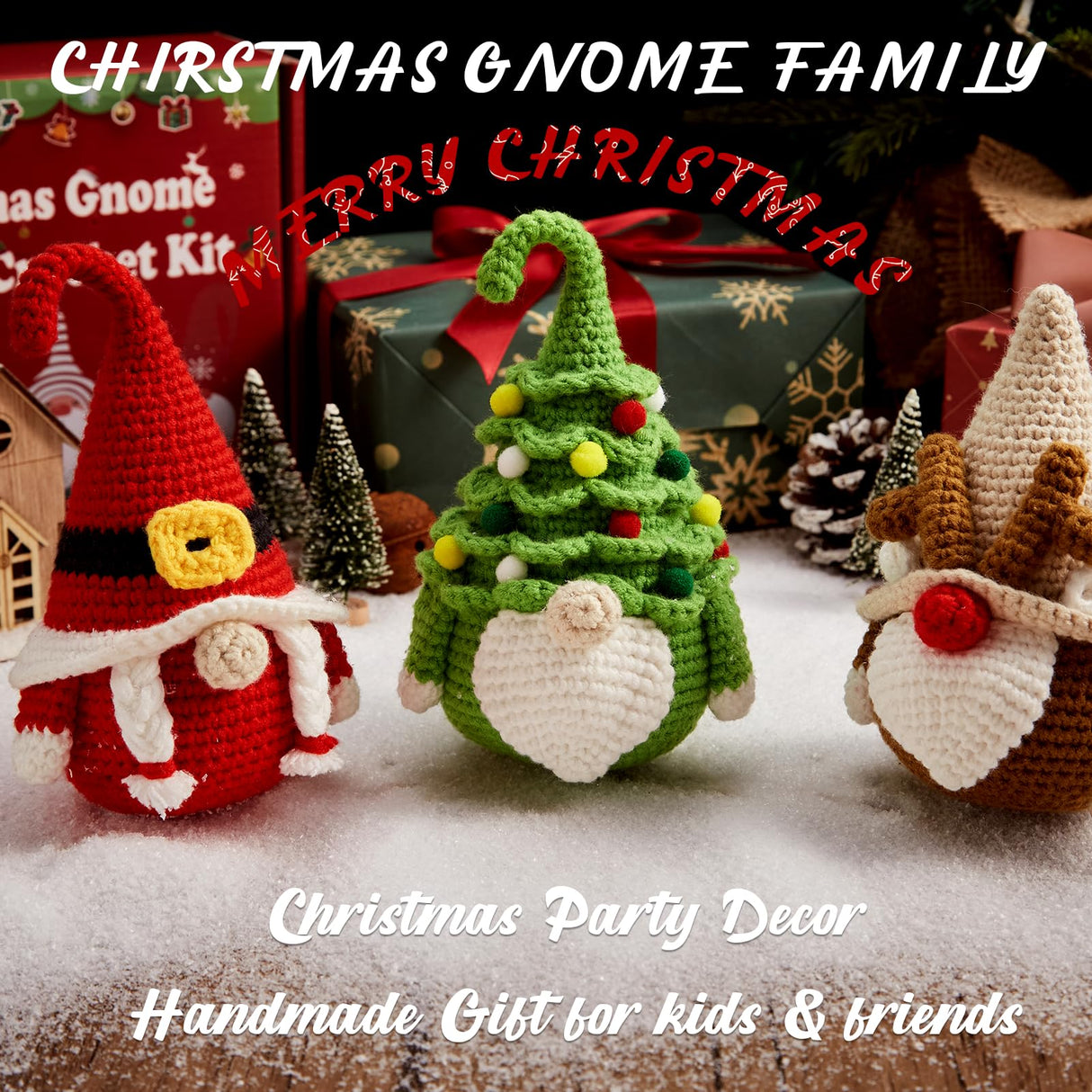 MAGIMUSE Christmas Crochet Kit for Beginners, Crochet Starter Kits for Adults Amigurumi Craft Knitting Crochet Animals Kits with Step-by-Step Video Tutorials, 3 Pack Gnome (40%+ Yarn)