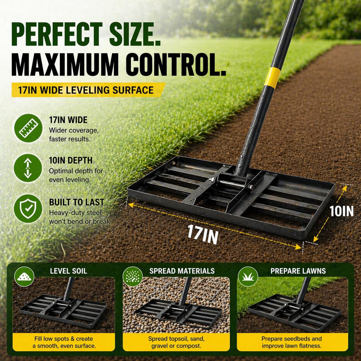 Lawn Leveling Rake – 17”x10” Heavy Duty Stainless Steel Lawn Leveler with 28”-60” Adjustable Handle, Anti-Flip Smooth Edge for Top Dressing Soil, Yard, Garden Lawn Care Tool