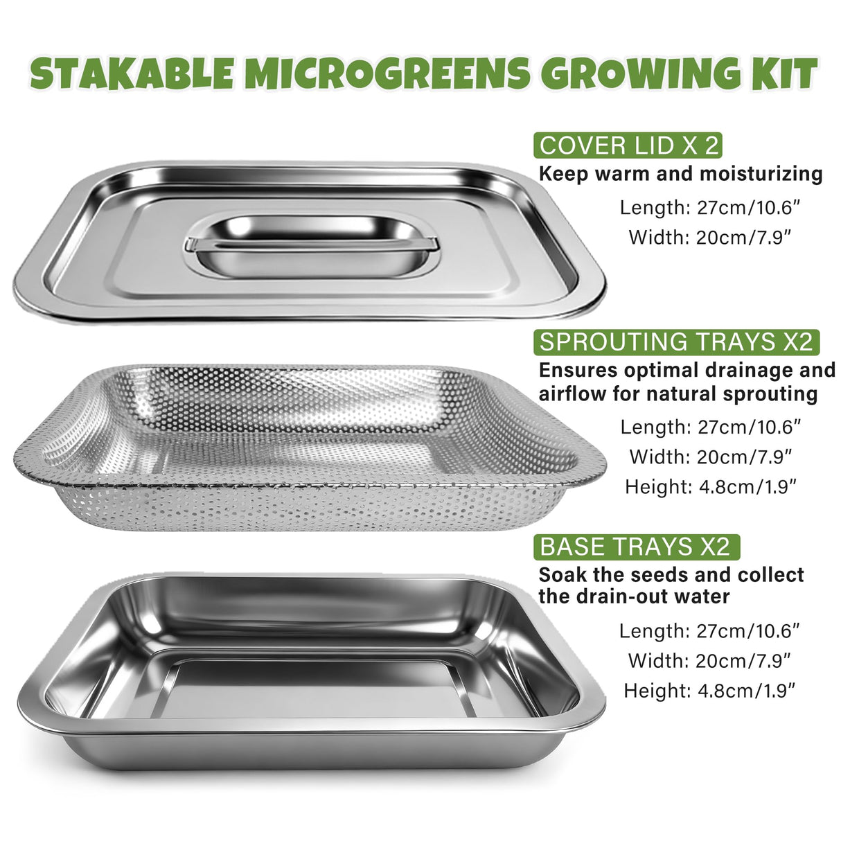 2 Pack Stainless Steel Seed Sprouter Trays, 2-Tier Soil-Free Microgreens Growing Kit, Sprouting Tray with Cover Lids & Mesh Pads for Sprouts Beans Alfalfa Wheatgrass (10.6" * 7.9" * 1.9")