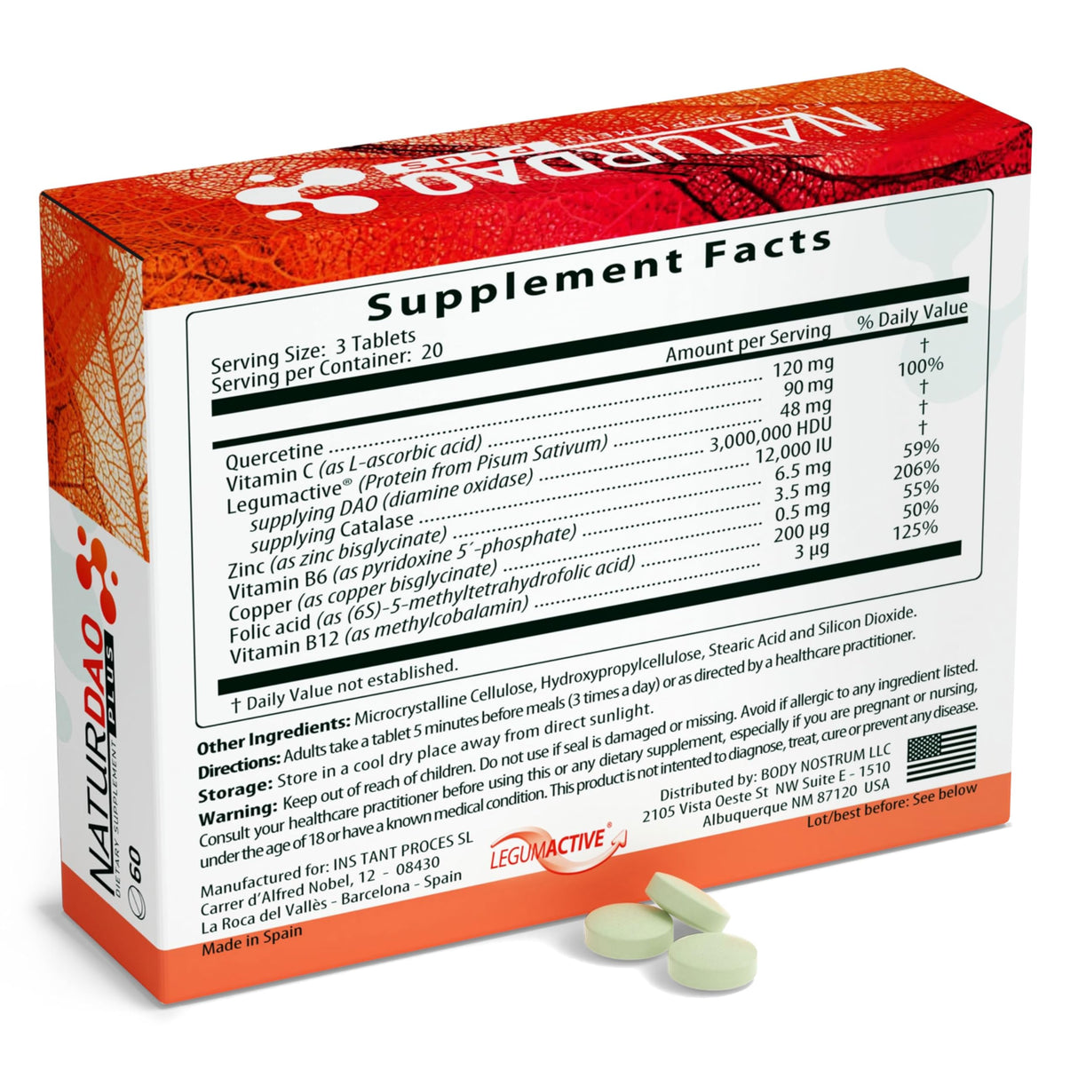 NATURDAO Plus – 1,000,000 HDU per dose - DAO Enzyme and Catalase Enzyme - 8 Cofactors and Adjuvants to Help Boost Your Own DAO - Advanced Histamine Blocking Formula - Food Intolerance - 60 Tablets