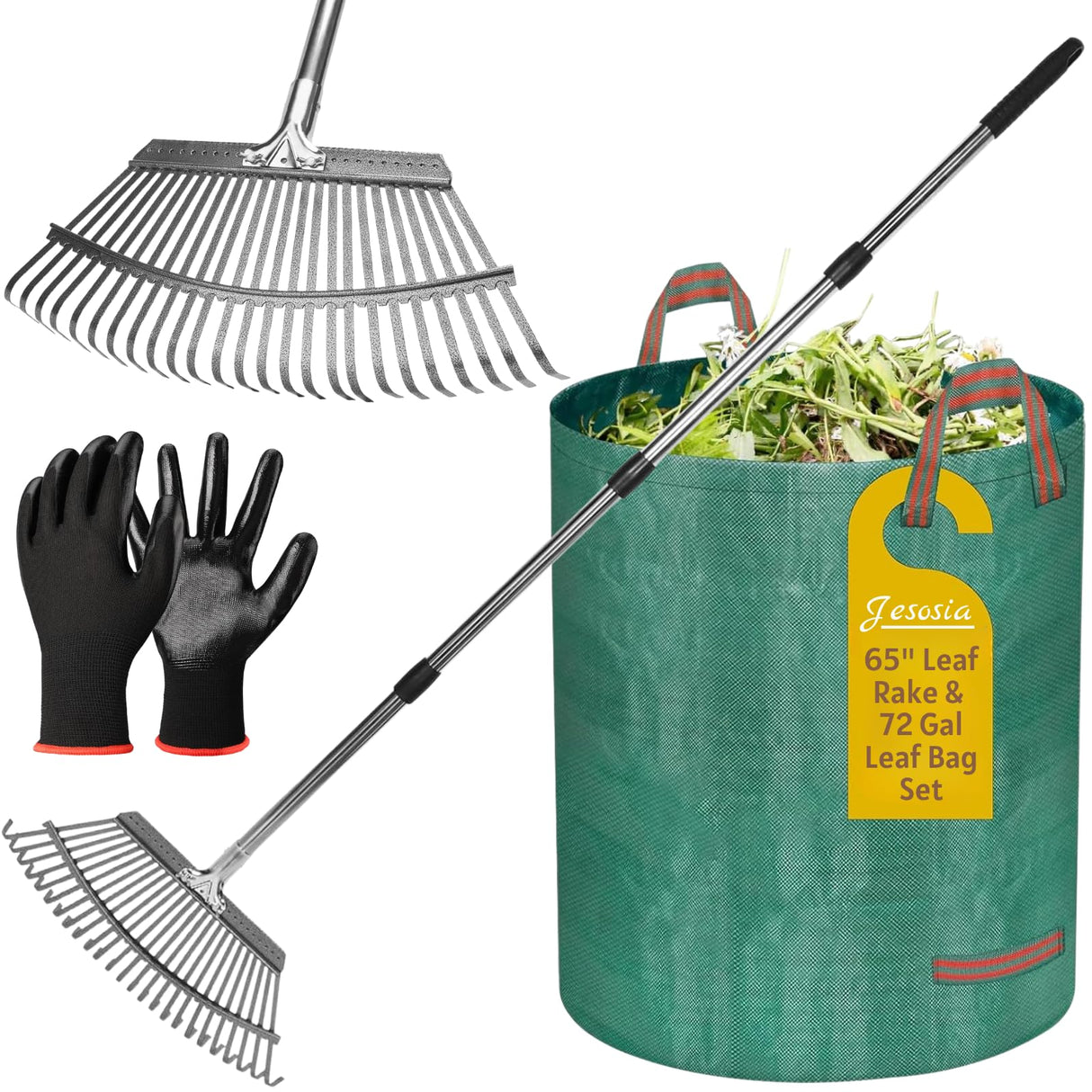 Jesosia Garden Rake for Leaves with Leaf Bag & Gloves - 65 Inch Adjustable 25 Tines Metal Rake Set with 72 Gallon Reusable Yard Waste Bags for Gardening Lawns Outdoor Camping Shrub Grass Bush