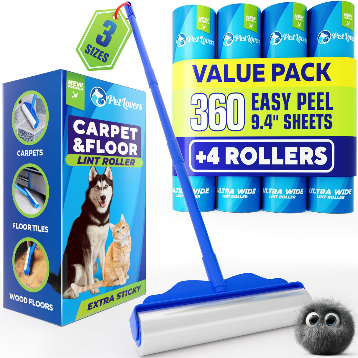 PetLovers Large Lint Roller with 3 Refills – 360 Total Sheets for Tackling Pet Hair, Extra Large Floor and Carpet Roller for Homes with Pets, Perfect for Floors, Furniture, and Loving Pet Owners