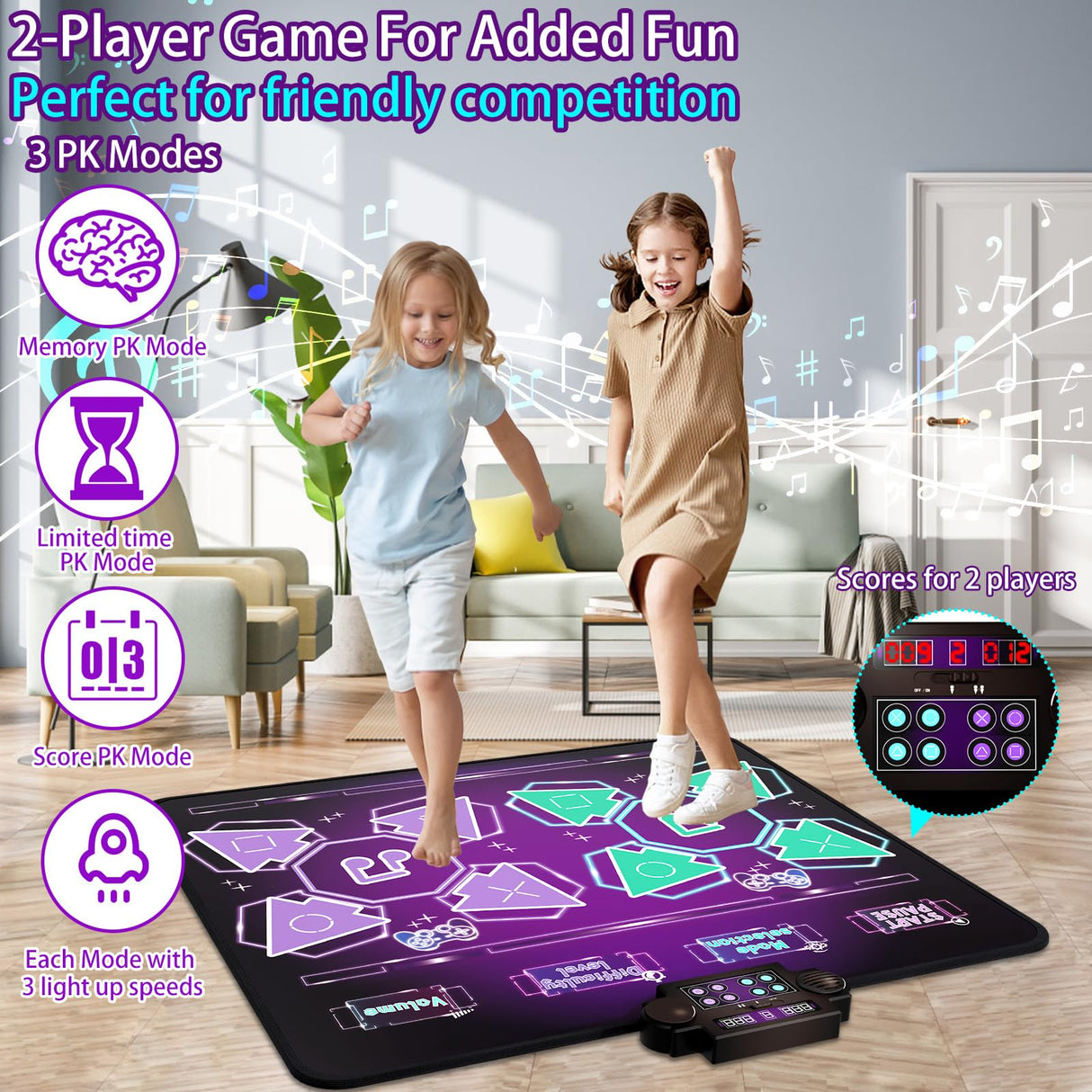 Joyvalley Kids Dance Mat Toys - 2-Player Dance Pad Gifts for Girls Boys Toddlers 3 4 5 6 7 8 9 + Year Old Electronic Dancing Mat Floor Games Toy with Music Light Christmas Birthday Gift (Purple)