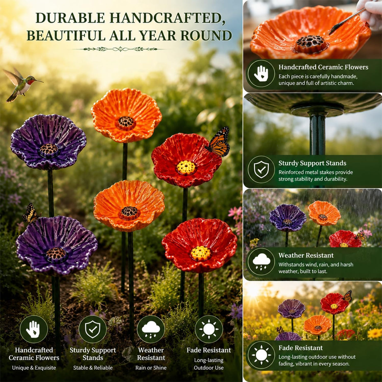 Handmade Ceramic Mini Pollinator Water Station – Colorful Flower Stake, Bee & Butterfly Feeder, Miniature Hummingbird Bath, Outdoor Garden Art Gift for Nature Lovers (6-Pack)