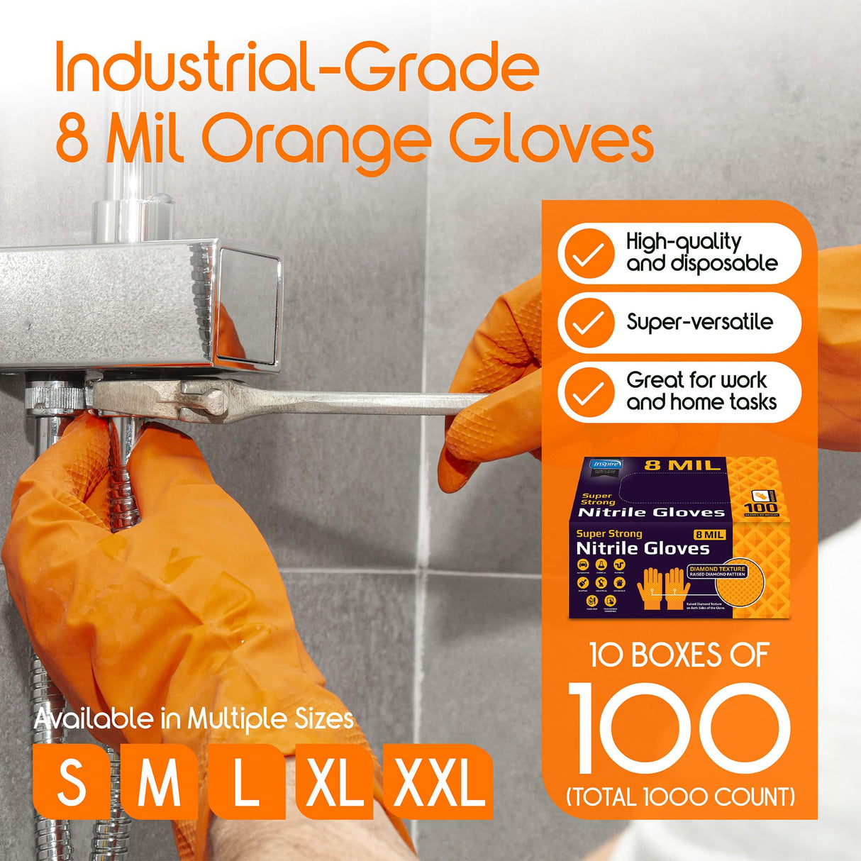 Inspire Heavy Duty Orange Nitrile Gloves | ULTRA 8 Mil Diamond Textured Grip | Industrial Mechanic Disposable Cleaning Gloves Small, 1000 Count