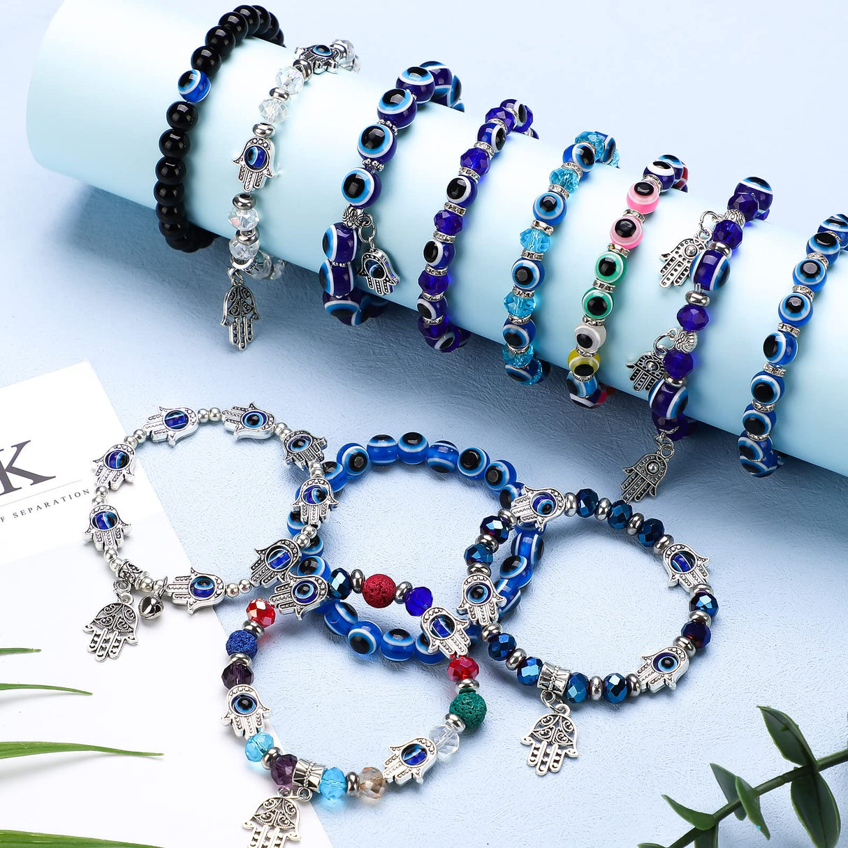 Junkin 12 Pcs Evil Eye Charm Bracelets Hamsa Beaded Charm Hand of Fatima Turkish Greek Blue Eyes Stretch Bracelet Lucky Protection Wristband for Women Men Blessing Gift