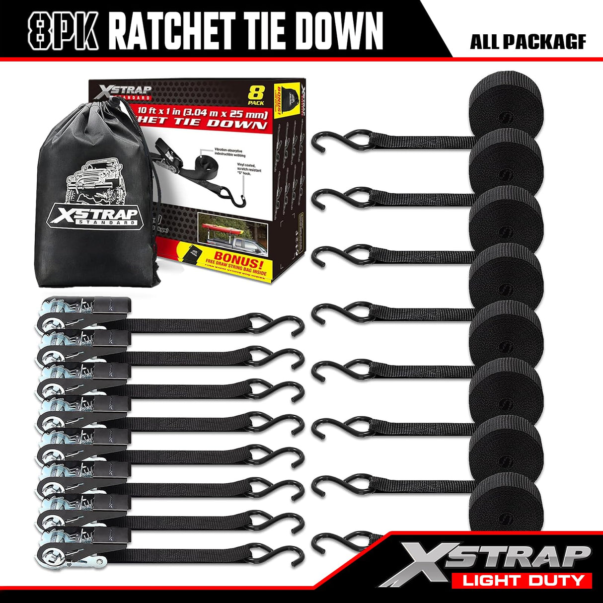 XSTRAP STANDARD Ratchet Tie Down Straps 8PK 1'' x 10 ft - 900 LB Break Strength Cargo Straps for Moving Appliances, Lawn Equipment, Motorcycle (Black)
