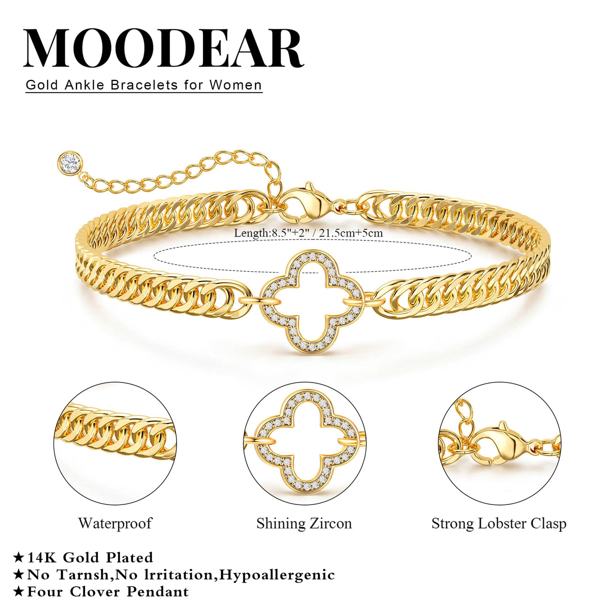 Moodear Gold Ankle Bracelets for Women Waterproof - Trendy 14K Gold Plated Anklets for Women Chunky Cuban Link with CZ Clover Charm Anklet Bracelet Non Tarnish Summer Beach Jewelry Gifts