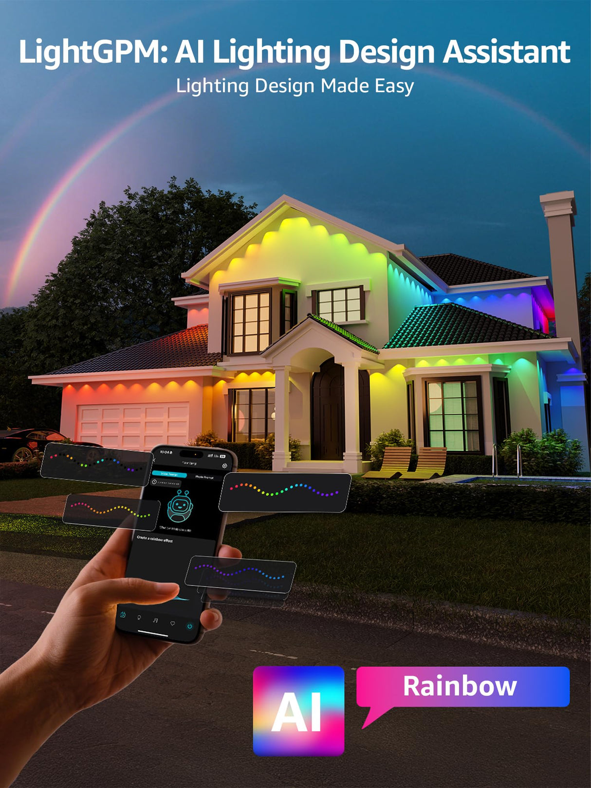 Lepro E1 AI Permanent Outdoor Lights APP Control, 150ft 90 LED Smart RGB+IC+Warm/Cool White House Eave Lights for Halloween Christmas, Alexa Google Enabled 2.4 GHz WiFi/Bluetooth, NO Remote Controller
