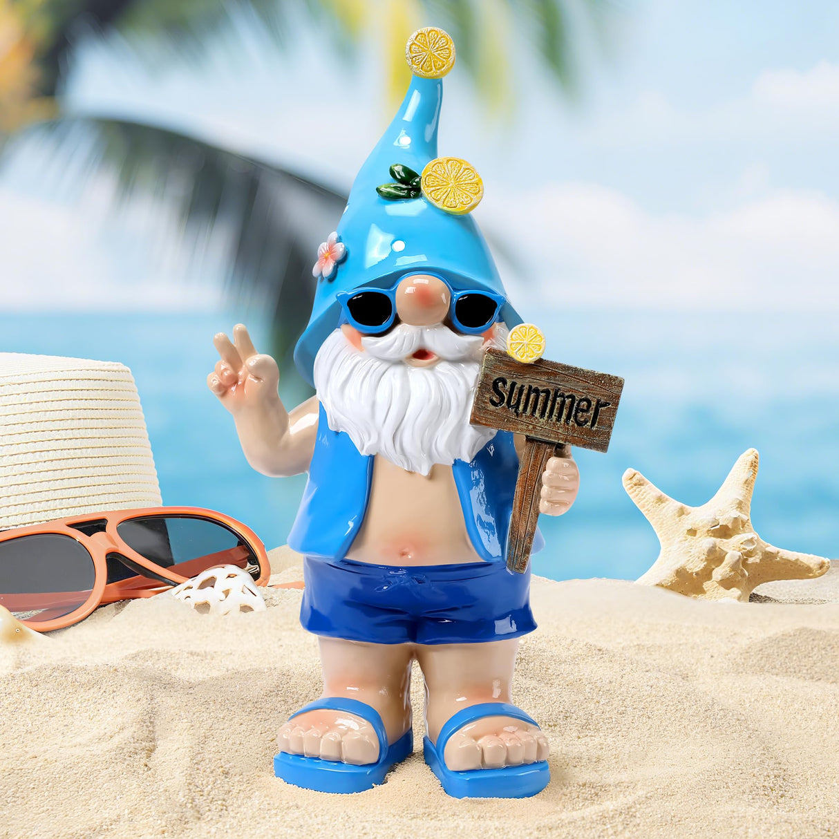 Wiresusan Outdoor Summer Gnomes Statue Beach Gnome Garden Decor for Outside, Beach, Yard, Lawn Ocean Sea Theme Home Decorations for Table, Shelf, Blue Gnome Figurine Funny Elf Gifts for Women